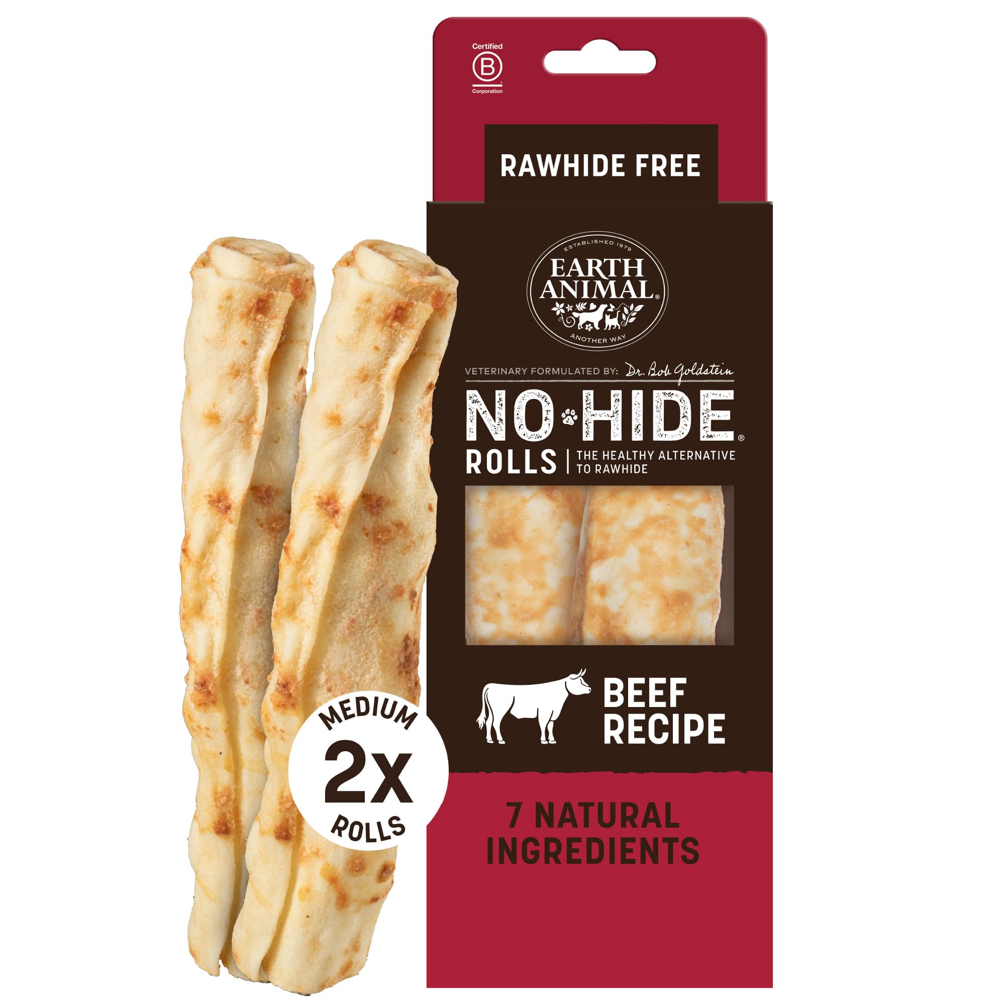 Earth Animal No-Hide® Beef Rolls (2 Pack) – Long-Lasting Dog Chews – Natural Dog Treats for Medium Dogs (18-34 kg) – Easily Digestible, Supports Healthy Teeth & Gums – 100% Recyclable Packaging