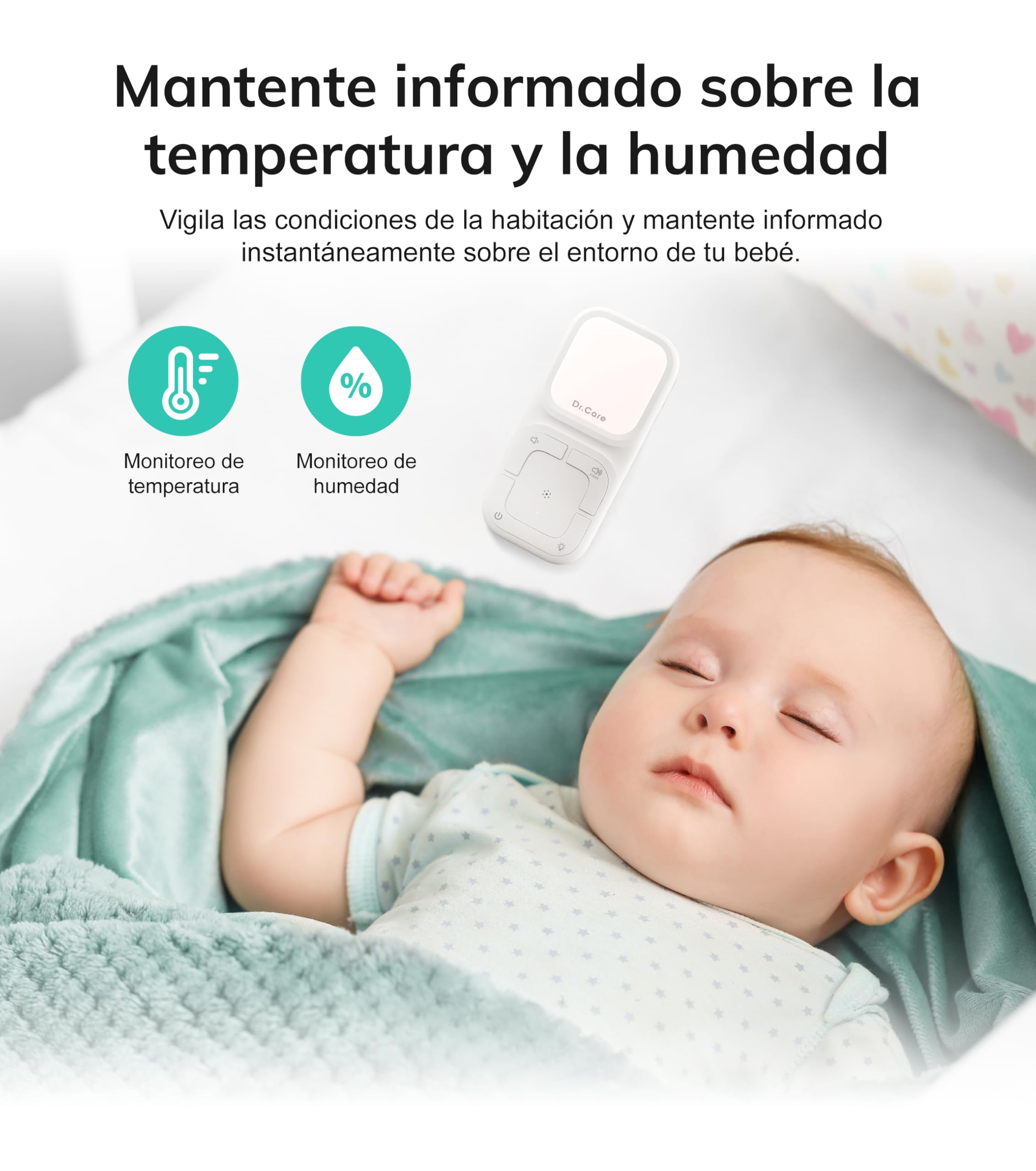 Dr.Care Neo Audio - Monitor de Bebé Preemparejado, Conversación Bidireccional, VOX, Luz Nocturna, Canciones de Cuna, Alerta Vibratoria, Rango 1000 Pies, Altavoz y Micrófono, Clip Portátil, Sin WiFi
