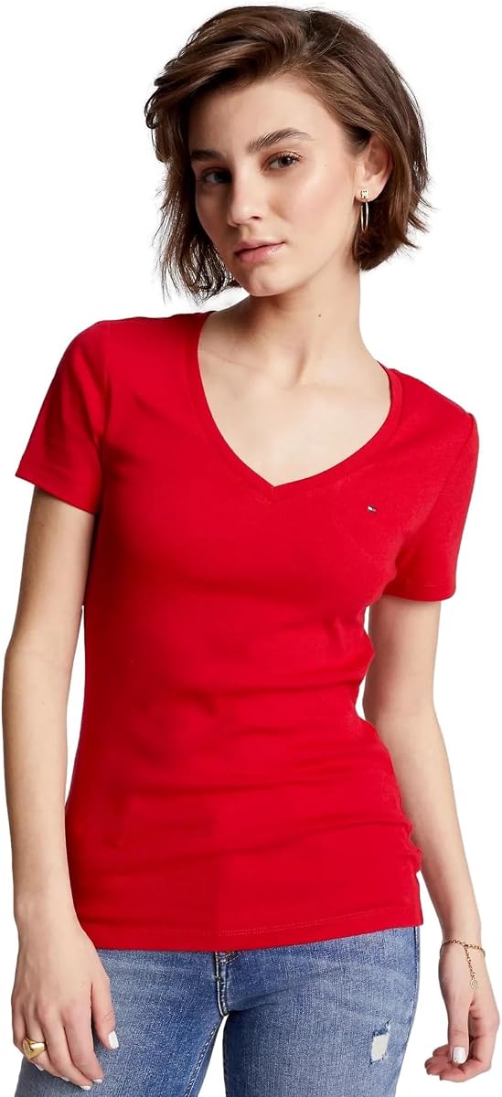 Camiseta de algodón liso con cuello en V y manga corta para mujer