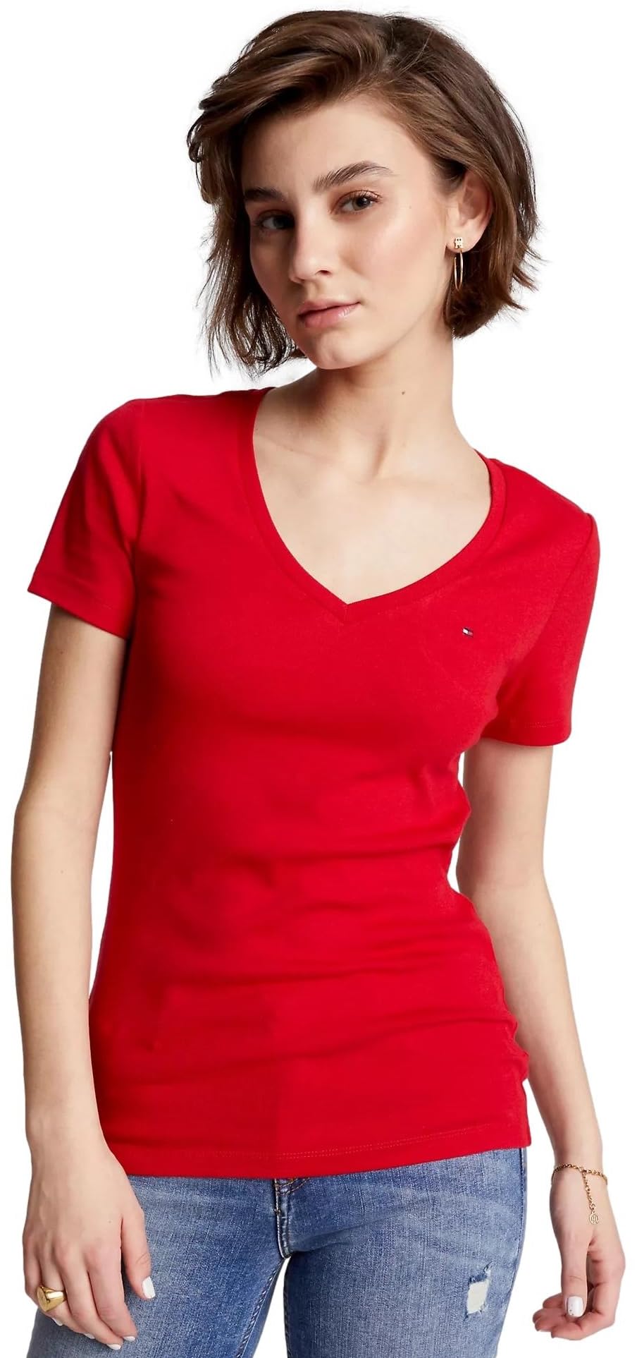 Women Short Sleeve V-Neck Solid Cotton Tee