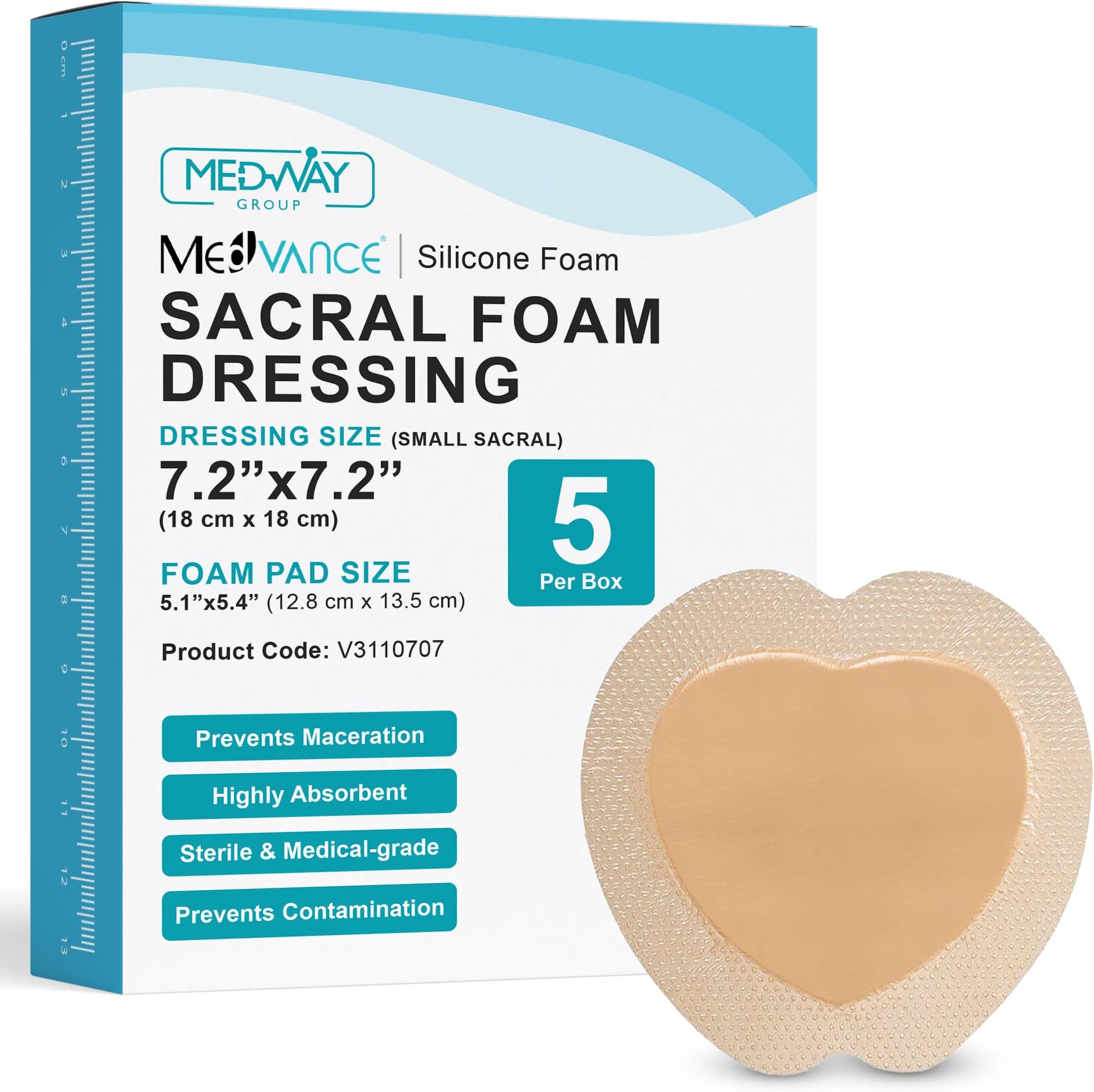 MedVance Sacral Foam Dressing, Bed Sore Bandages, Bordered Silicone Sacral Dressing, Sacrum Silicone Foam Dressing with Border, Size 7"x 7", Box of 10 dressings