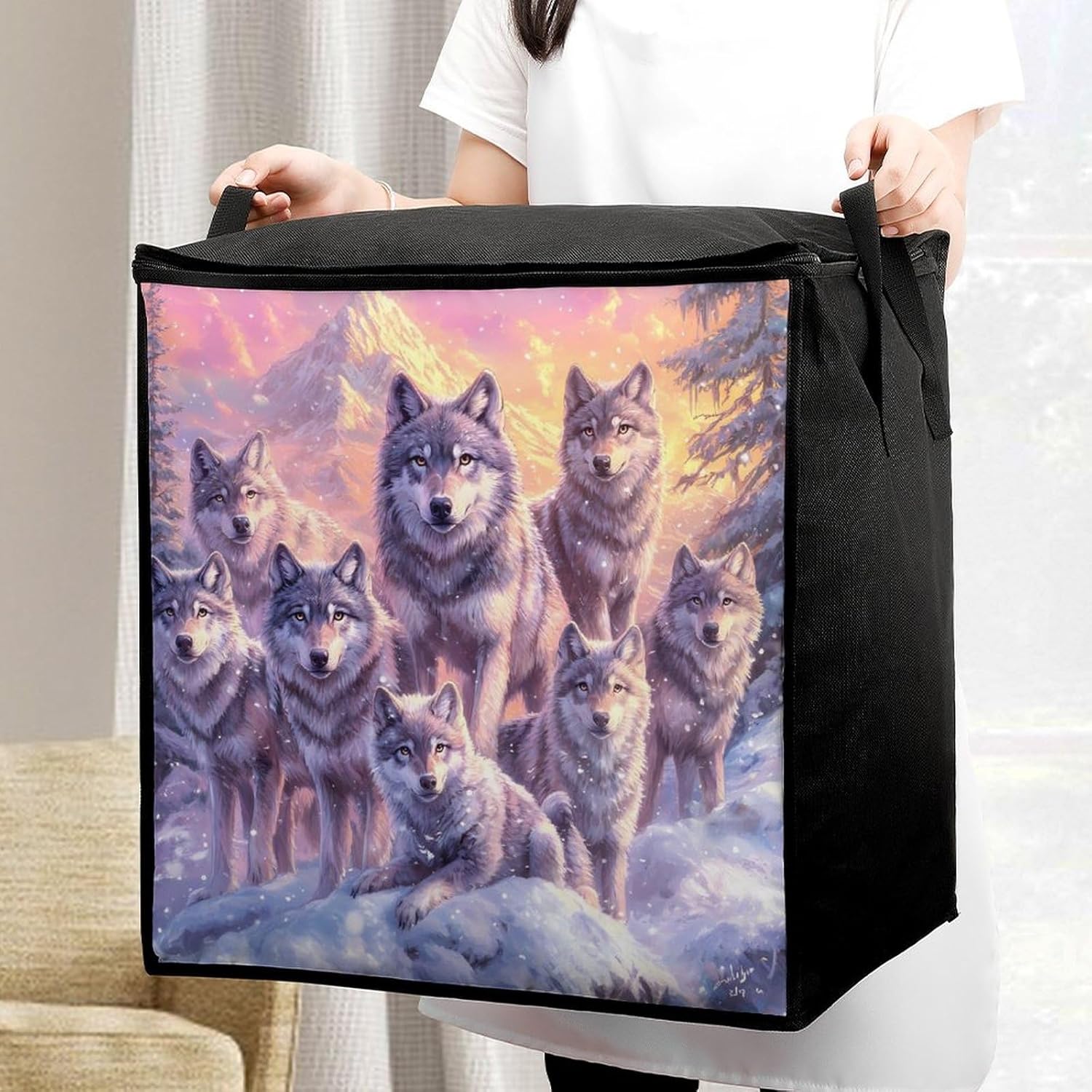Wolf Snow Mountains Sunset Large Comforter Blanket Storage Bags Bins 70L Closet Organizer with Handles