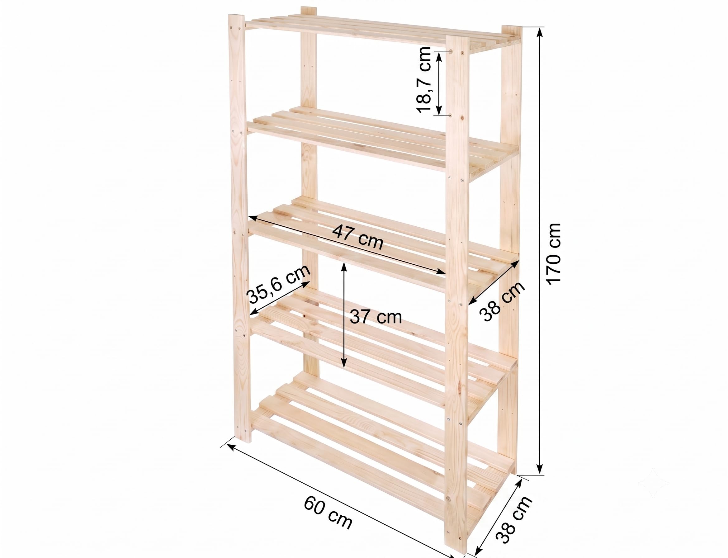 Scaffale In Legno 60 x 170 x 38 cm Con 5 Ripiani Scaffale Portaoggetti In Pino Naturale Per Garage Cantina Magazzino Soggiorno Bagno Portafiori Portapiante