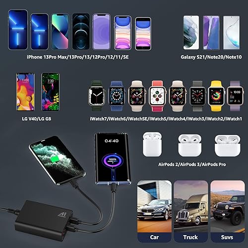 Miniatura 7 de Cargador de coche USB de múltiples puertos, 96W 6 puertos QC3.0 adaptador rápido múltiples puertos, con cuatro puertos de carga rápida 3.0,