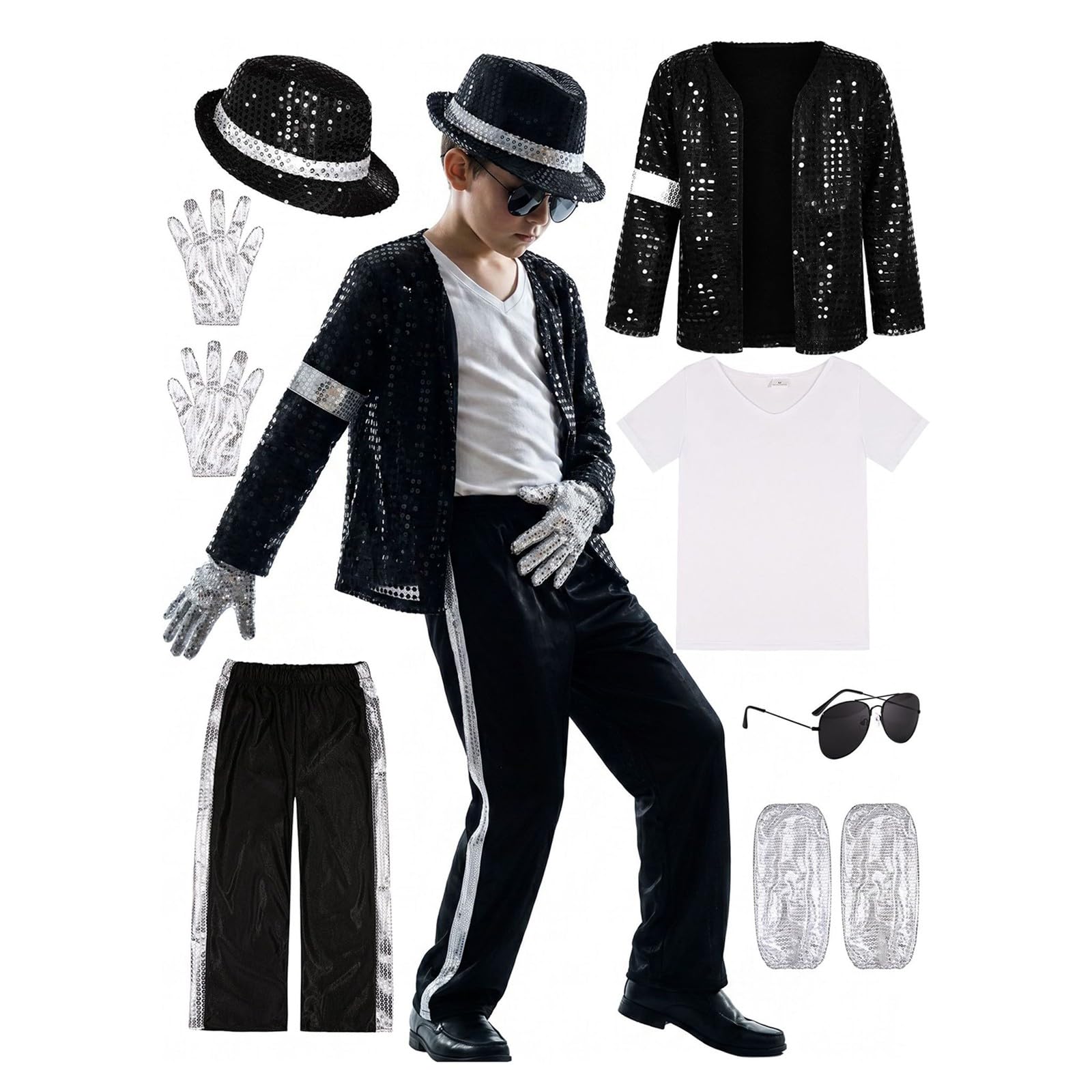 Child King of Pop Musician Costume, Halloween Costumes Men, Cosplay Outfit With Sequin Jacket Striped Pants Hat Gloves & Sunglasses Stage Performance (Black, L)