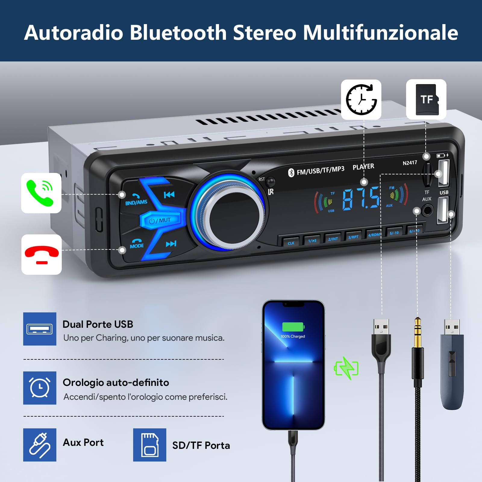 Autoradio Bluetooth,Wistrue Stereo Auto Bluetooth Autoradio 1 DIN FM Radio Auto Lettore MP3 Supporta 2 USB/Ricarica rapida/SD/AUX/Telecomando/supporto iOS/Android