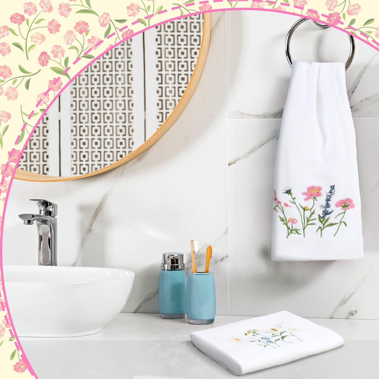 Geyoga 4 Pcs Spring Floral Embroidery Fingertip Towels Wildflowers Bathroom Kitchen Hand Towels Farmhouse Flower Tea Dish Washcloths for Bathroom Kitchen Home Spring Easter Decor Gifts - Image 2