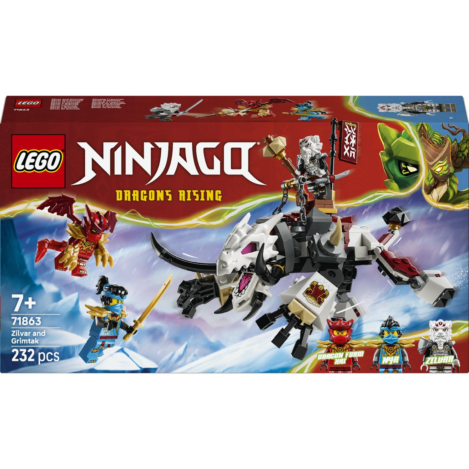 LEGO Ninjago Zilvar and Grimtak the Dragon Beast 71863 | Toys for 7+ Year Old Boys, Dragons Rising Action Figure, 3 Minifigures, Ninja Weapon Accessories, Birthday Gift, 232 Pieces