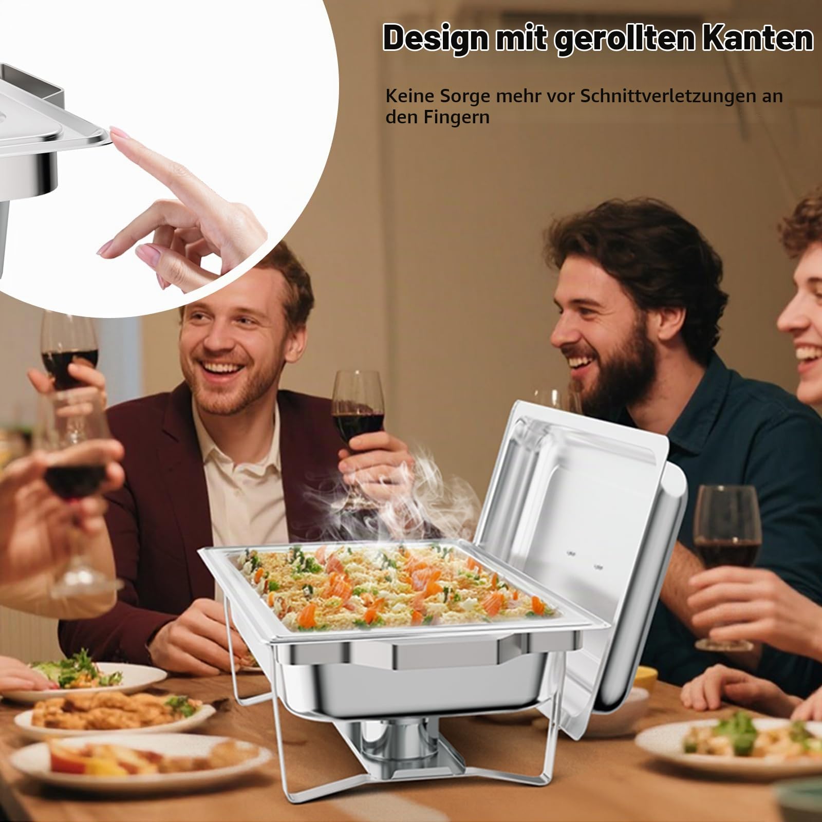 Rovsun Warmhaltebehälter Essen aus Edelstahl 9 L, Chafing Dish 60x36x30 cm, Speisenwärmer Speisebehälter,Wärmebehälter Buffet Wärmer Rechaud mit Rollrand & faltbaren Gestell 4pc