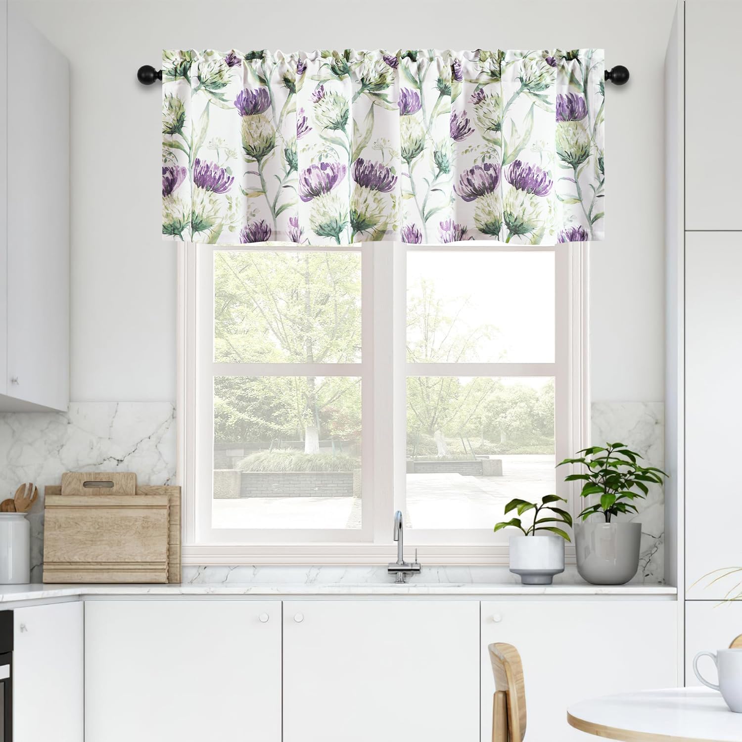 Leeva Farmhouse Window Valances for Bedroom, Blooming Purple Flower Print Smooth Textured Rod Pocket Window Treatment Valance for Living Room, 1 Panel, 60 Inch Wide by 18 Inch Long
