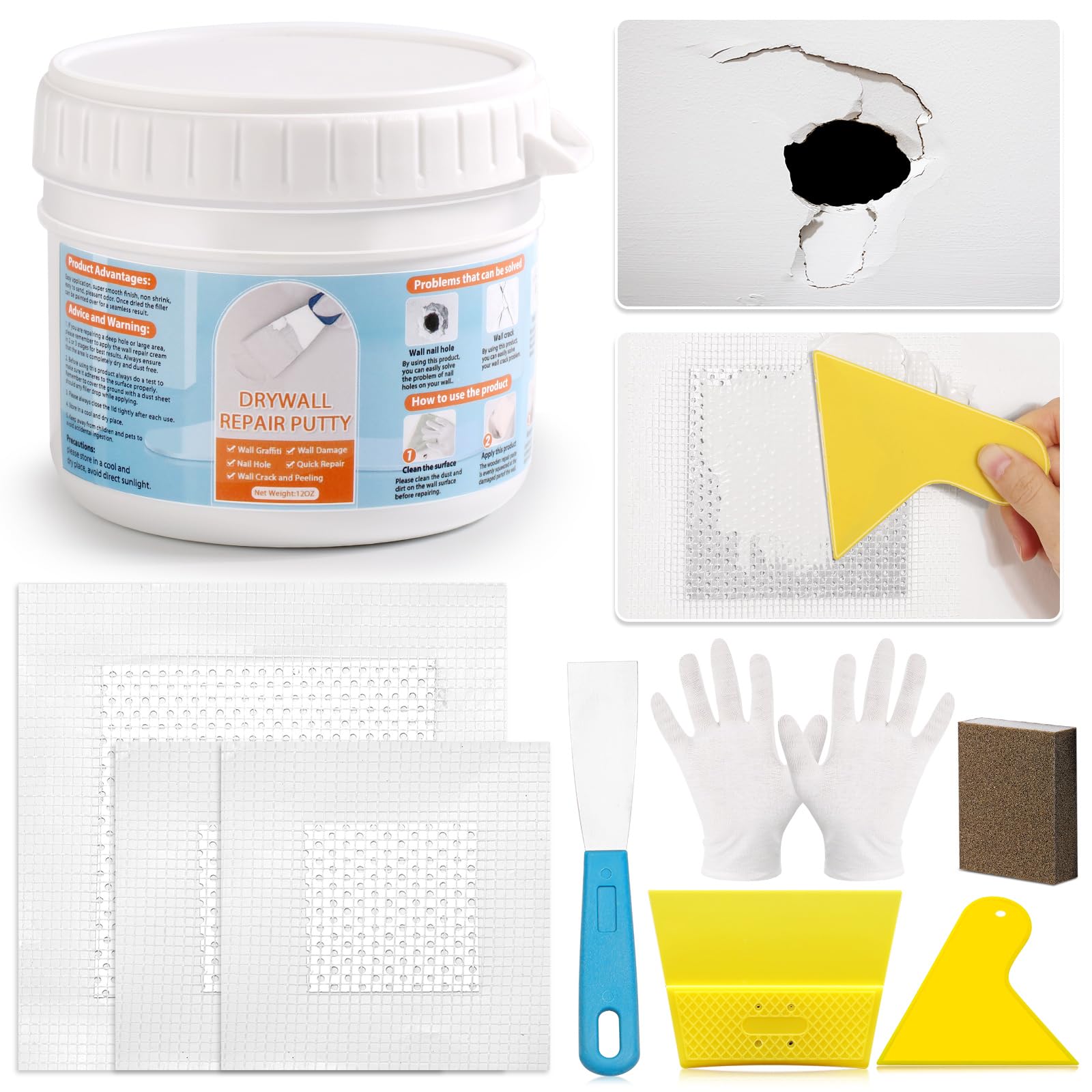 Kit de reparación de paneles de yeso con masilla blanca