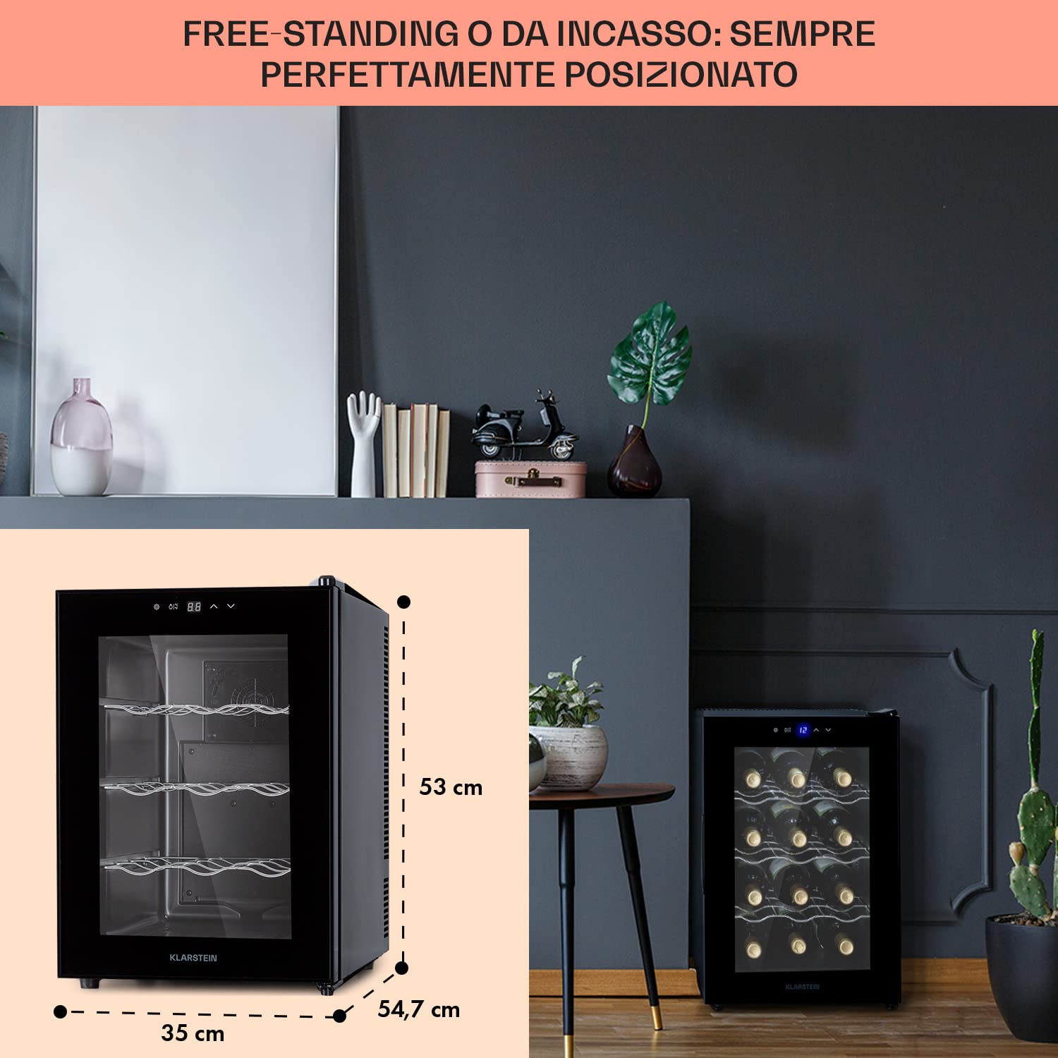 KLARSTEIN Cantinetta Vino, Cantinetta Vino Refrigerata a Zona Singola per Interno/Esterni, Frigo Bar, Cantina Vino con Vetrina, Mini Bar con Protezione UV, Frigo Vino Touch 15-18°C 12 Bottiglie