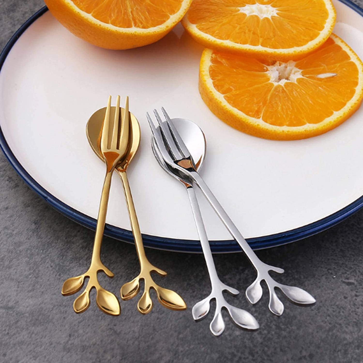 Löffel Restaurants Kreative Edelstahl Löffel Zweig Blätter Gabel Kaffee Küchenzubehör Geschirr Dekoration Esslöffel Hause(Gold Spoon)
