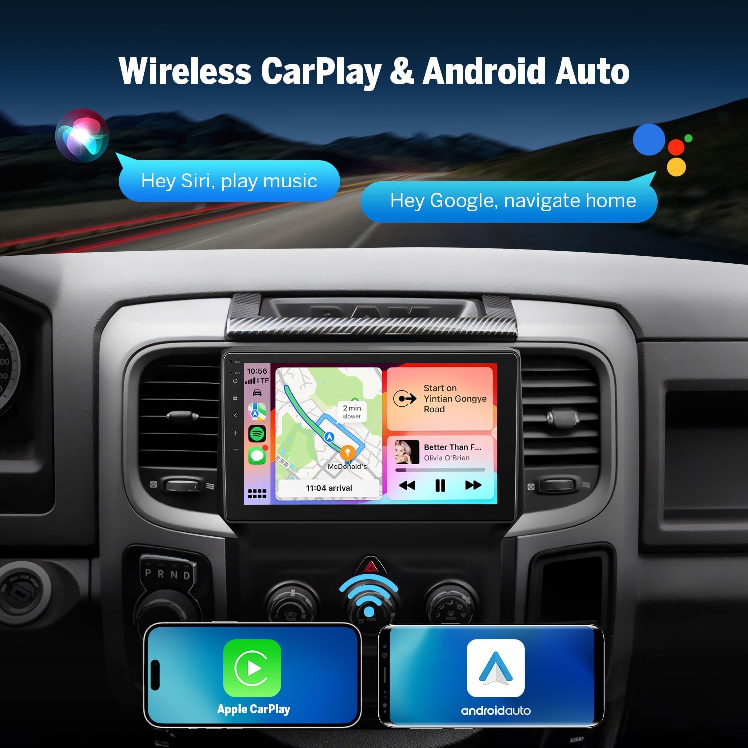 Eonon 4+64GB Car Stereo Navigation for Dodge RAM 1500/2500/3500 2013-2018(Manual AC) 9" IPS HDTouchscreen,Wireless CarPlay&Android Auto,Built-in Mic,Support Steering Control,Plug & Play DGRMX7A