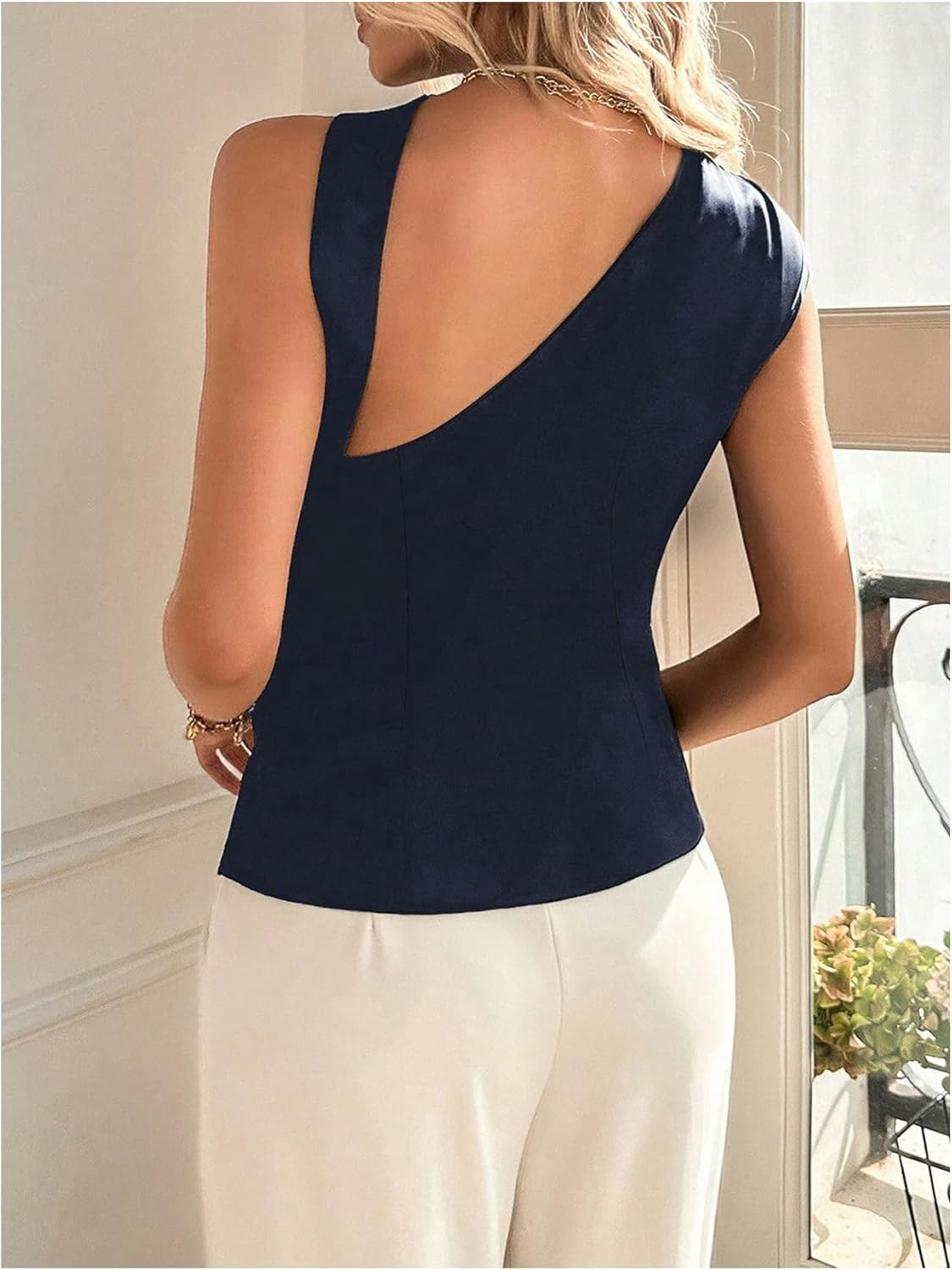 Floerns Women's Elegant Asymmetrical Neck Satin Blouse Dressy Casual Sleeveless Ruched Business Office Silk Shirts - Image 3