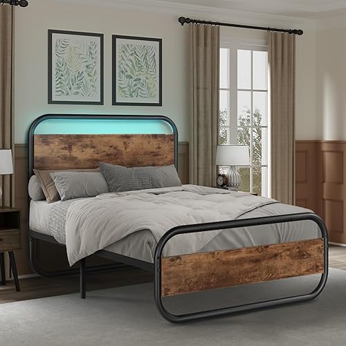 Miniatura 1 de Catrimown Base de cama individual con cabecero, marco de cama LED, plataforma de tamaño individual, marco de cama rústico de metal resistente, marco