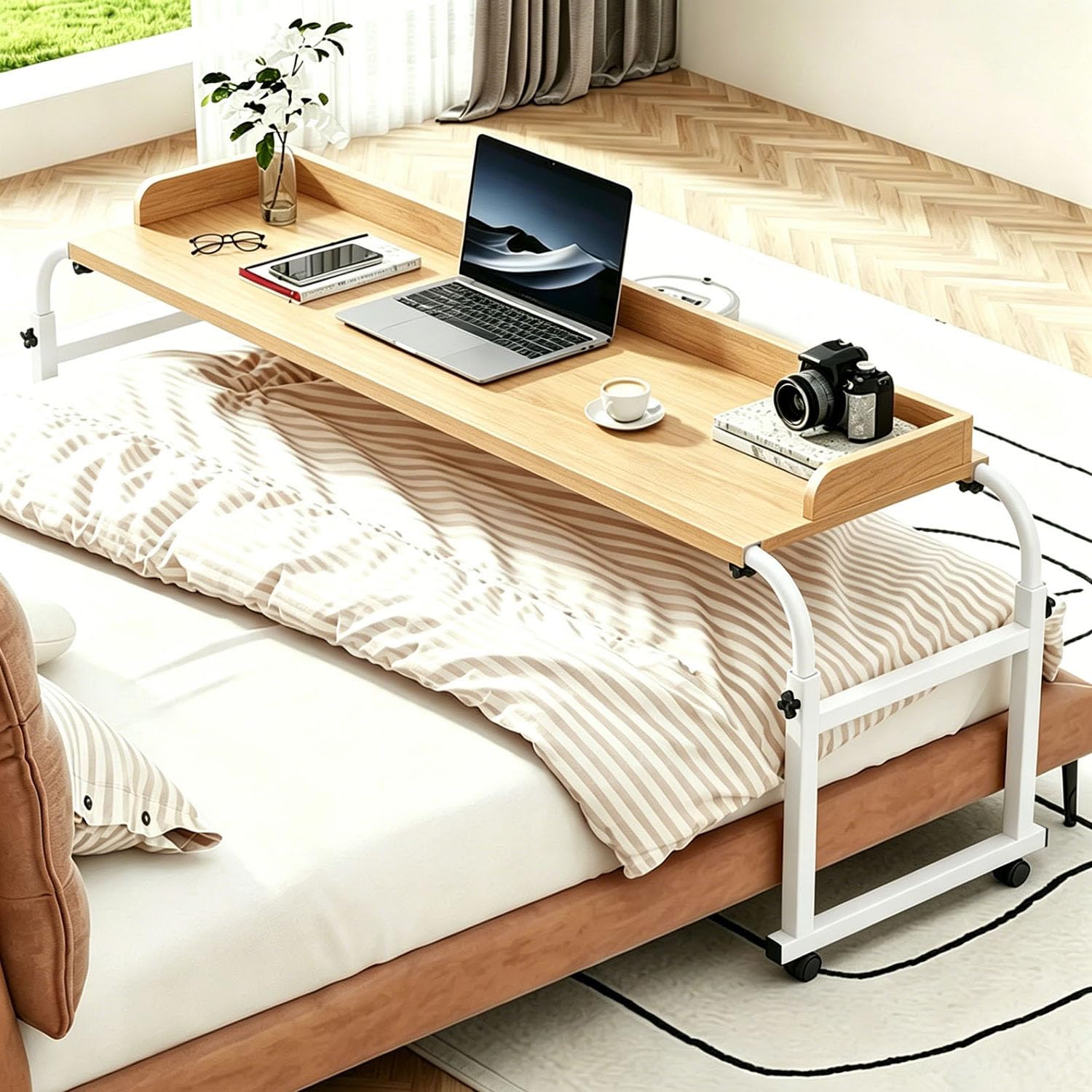 Mesa sobre Cama Regulable Altura Ruedas Portátil Ordenador | Ruedas con Bloqueo, Tope Anticaída, Superficie de Madera y Estructura Metálica; Perfecta para Trabajar o Comer en la Cama