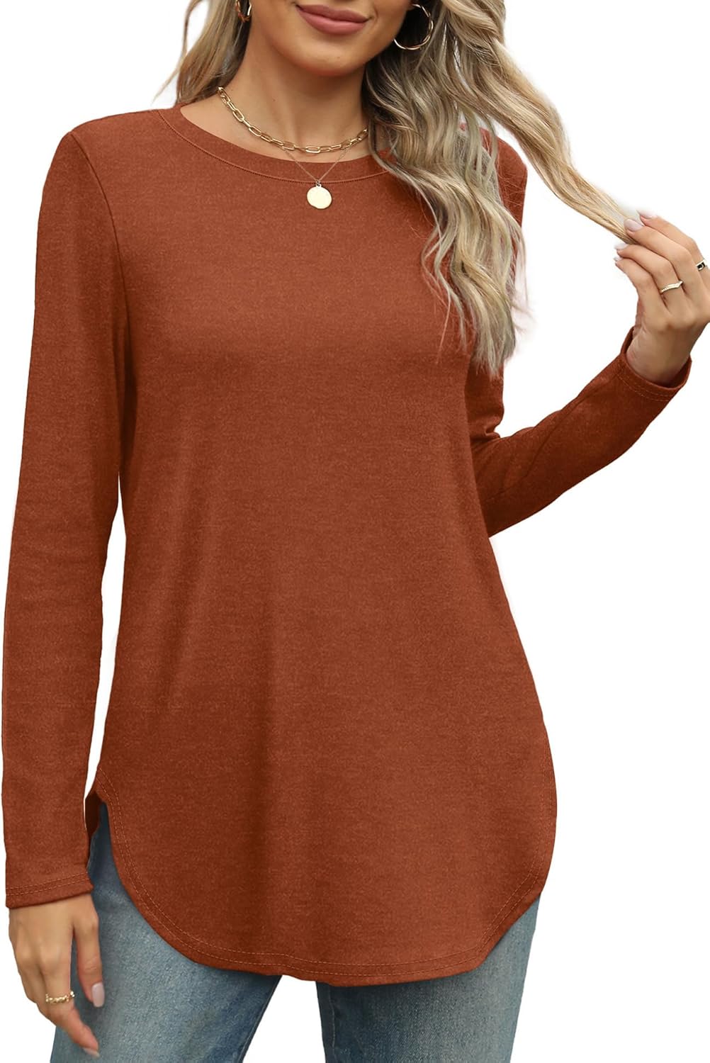 XIEERDUO Womens Long Sleeve Round Neck Shirts Side Split Basic Loose Tunic Tops Casual 2025 - Image 2