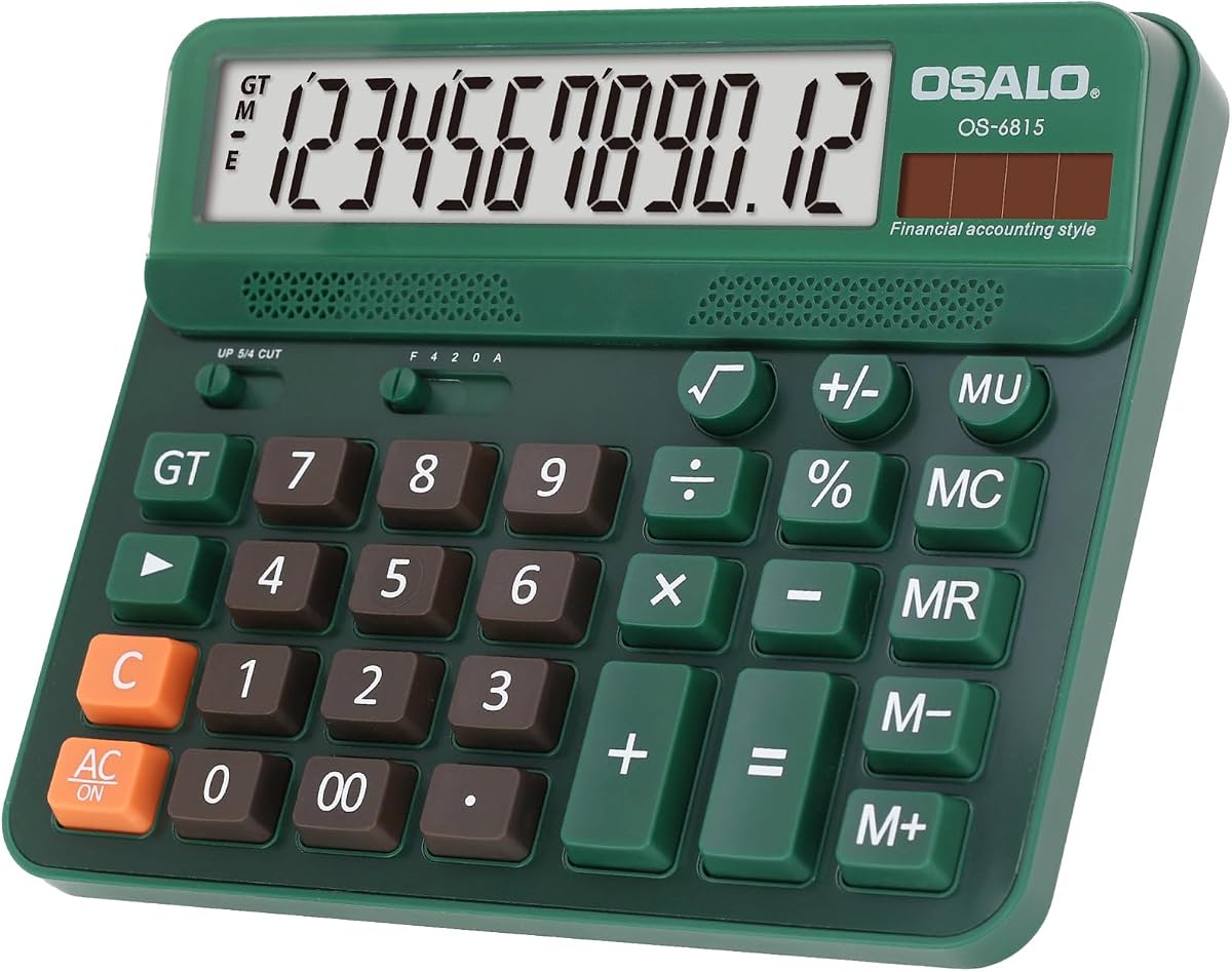 Pendancy Green Desk Calculator, 12-Digit Large Display, Big Buttons | Desktop Calculator for Office and Home, 5-Inch LCD, Solar & AA Battery, 30° Tilt Screen, GT/MU and Anti-Slip Feet