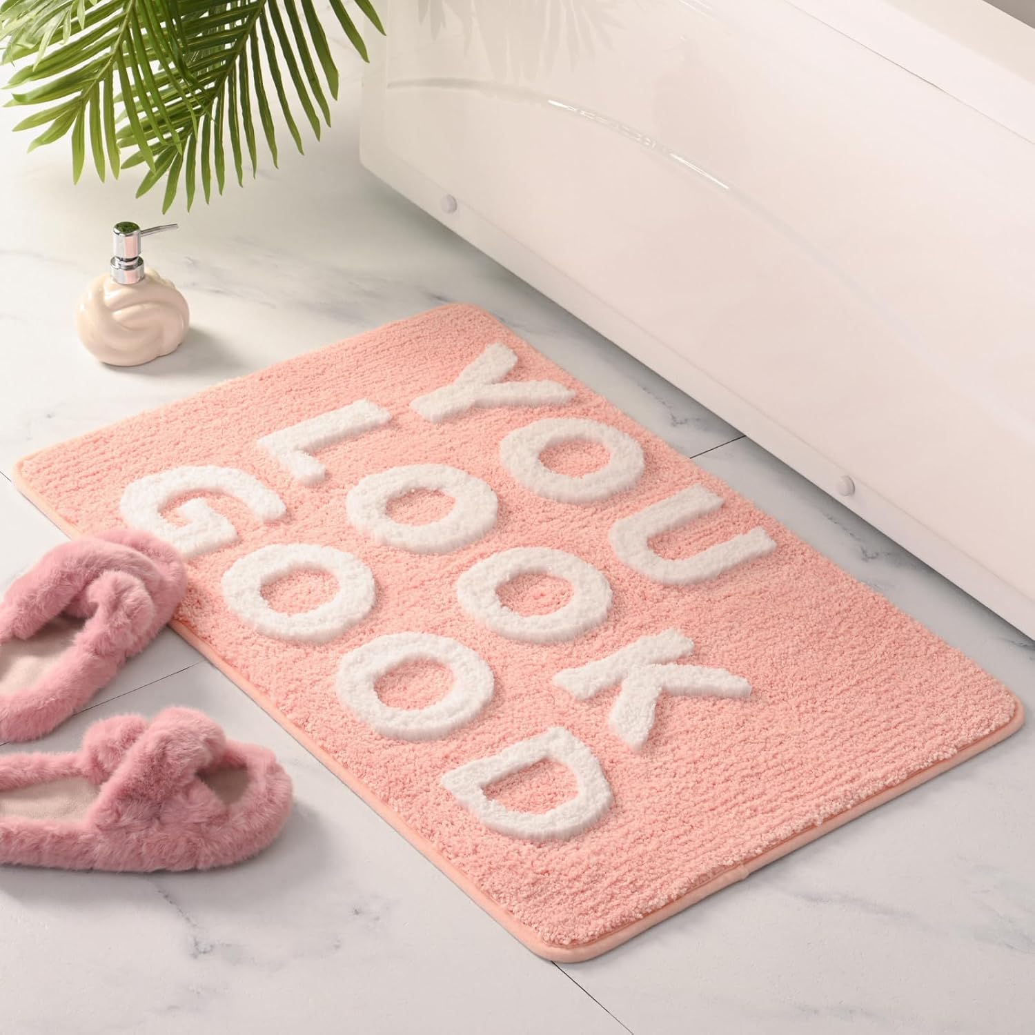 QJHOMO You Look Good Bath Mat Cute Pink Bathroom Rugs Funny Bath Rug, Non Slip Floor Mat Cool Home Decor, Soft Microfiber Bathmat Machine Washable Super Absorbent Carpet for Shower (22x32 inch)