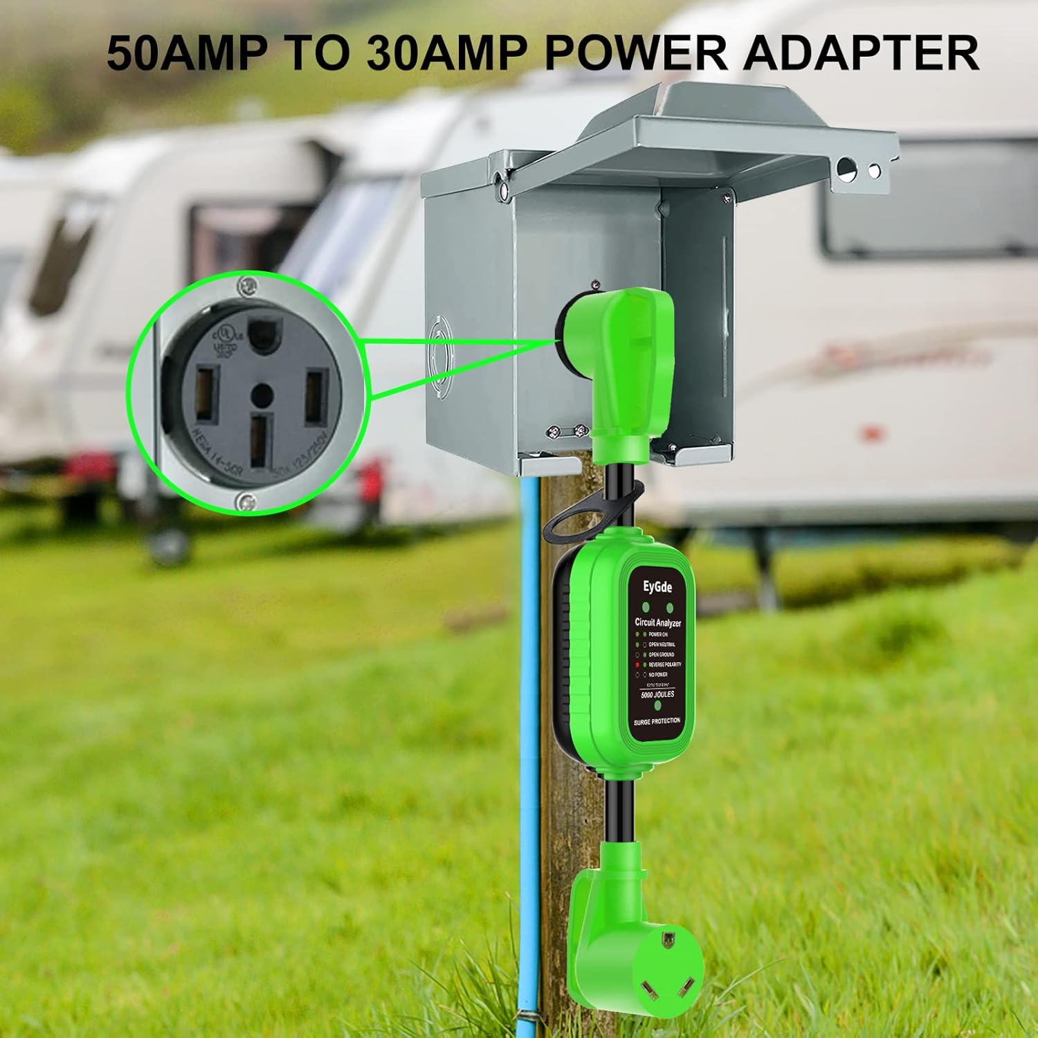 EyGde 50 Amp to 15 Amp 110V RV Adapter + 50 Amp to 30 Amp RV Adapter with Surge Protector 5000J, Circuit Analyzer Voltage Protector for Camper Travel Trailer