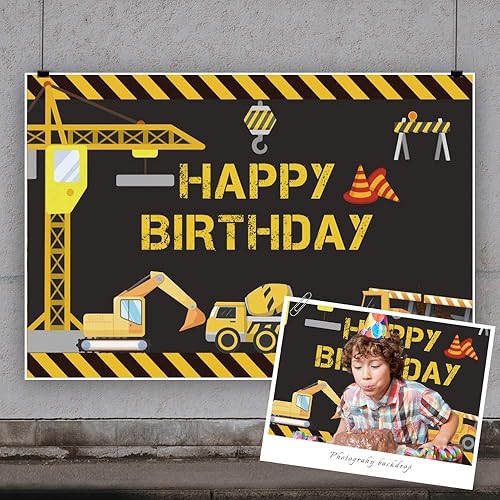 Miniatura 3 de Telón de fondo de fiesta de cumpleaños con temática de construcción, Yeele de 7 x 5 pies, camión volquete de grúa de excavadora, suministros y