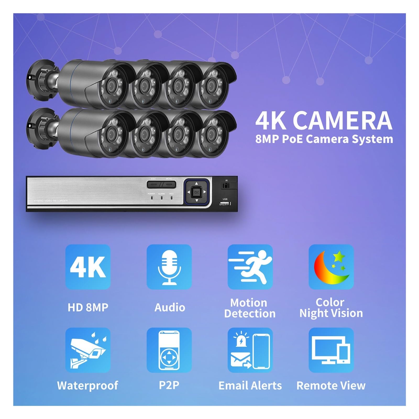 8-kanałowy zestaw POE do wykrywania twarzy 4K (4T, 4CH NVR i 2 szt. 8 MP)
