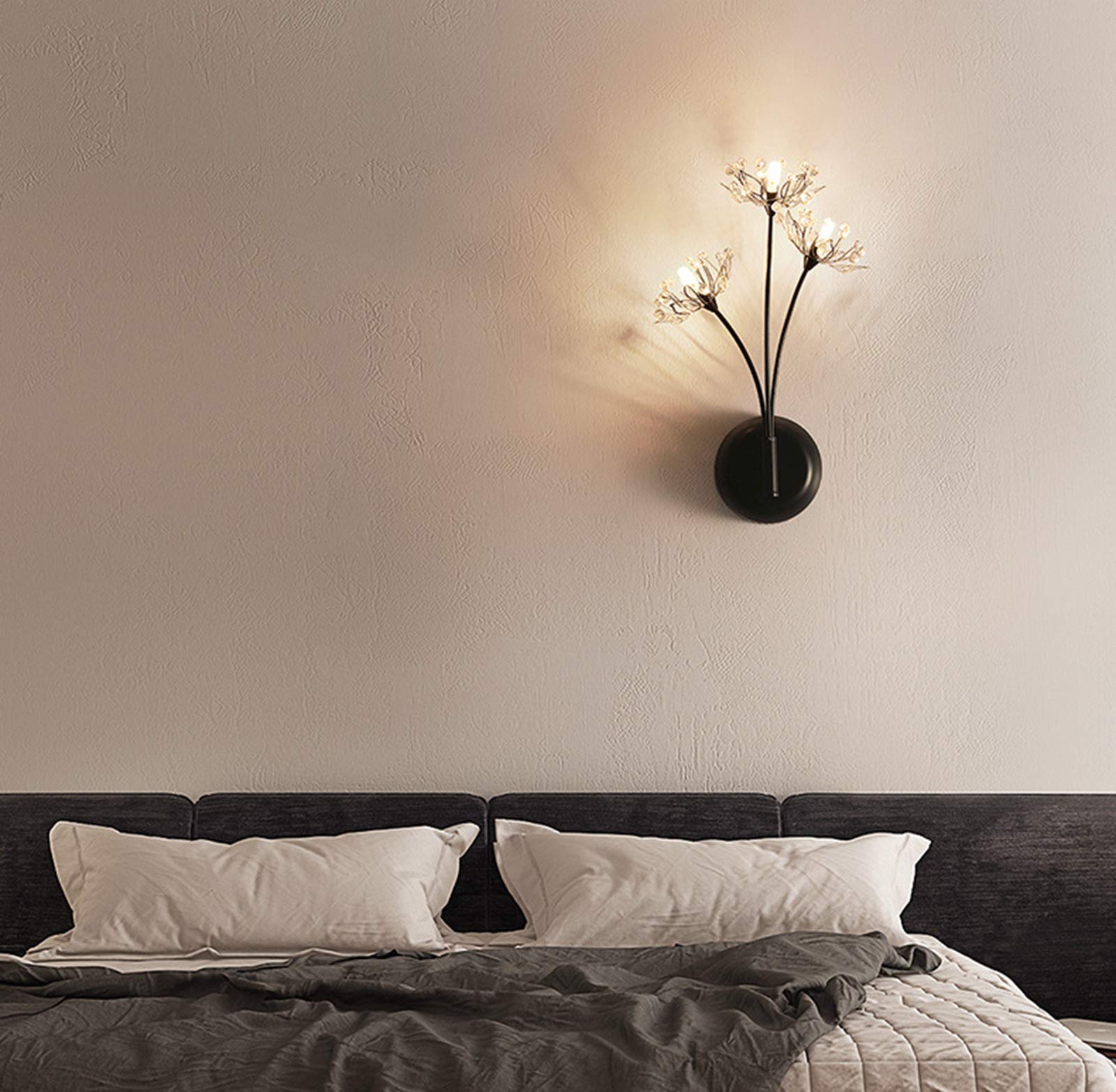 Czarne Kryształowe Kinkiety Do Salonu, 3-Punktowa Lampa Nocna Dandelion Z Okrągłą Metalową Podstawą, Nowoczesna Lampa Ścienna Led Do Sypialni, Art Deco Do Korytarza, Schodów, Przejścia 4,5 W, Warmes