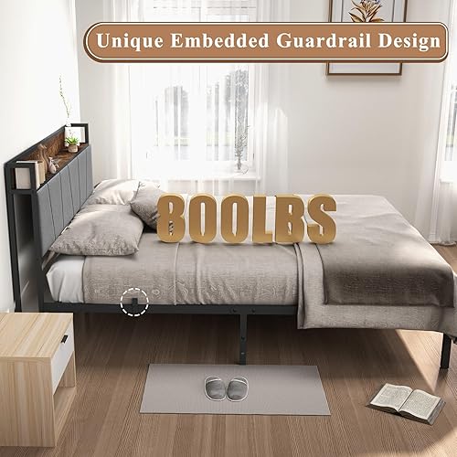Miniatura 7 de Base de cama de tamaño matrimonial con cabecera y estación de carga, cabecera tapizada completa con estante de almacenamiento, marco de cama de