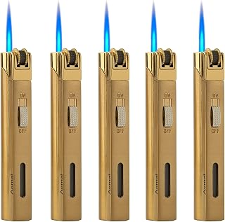 5 Pack Butane Torch Lighter Jet Flame Lockable Portable Adjustable Lighter with Fuel Visible Tank No Gas (Gold)