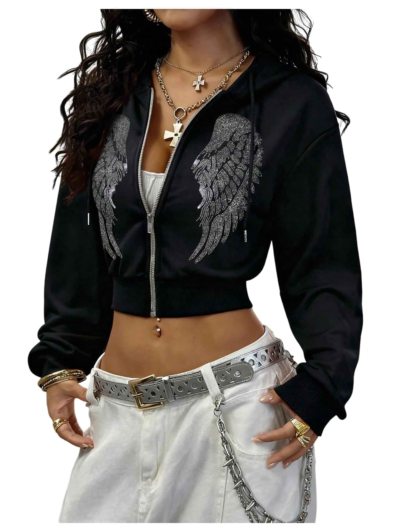 BEAUDRM Women's Y2k Gothic Graphic Cropped Hoodie Jacket Sparkly Sweatshirt Rhinestone, Goth, Punk, Grunge, Zip Up， Streetwear, Long Sleeve, Fall Clothes