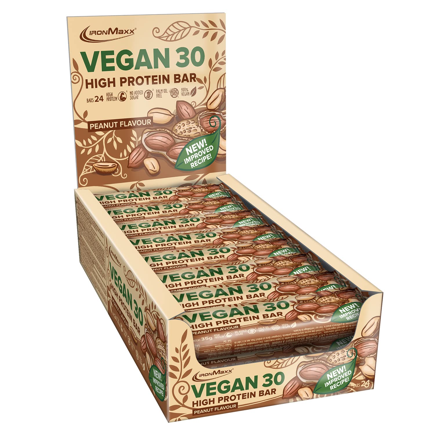 IronMaxx Vegan 30 Barrita Proteica Vegana Cacahuete 24x35g | Alta En Proteína Vegetal, Sin Aceite De Palma, Sin Soja Y Baja En Azúcar | Snack Saludable Para Deportistas