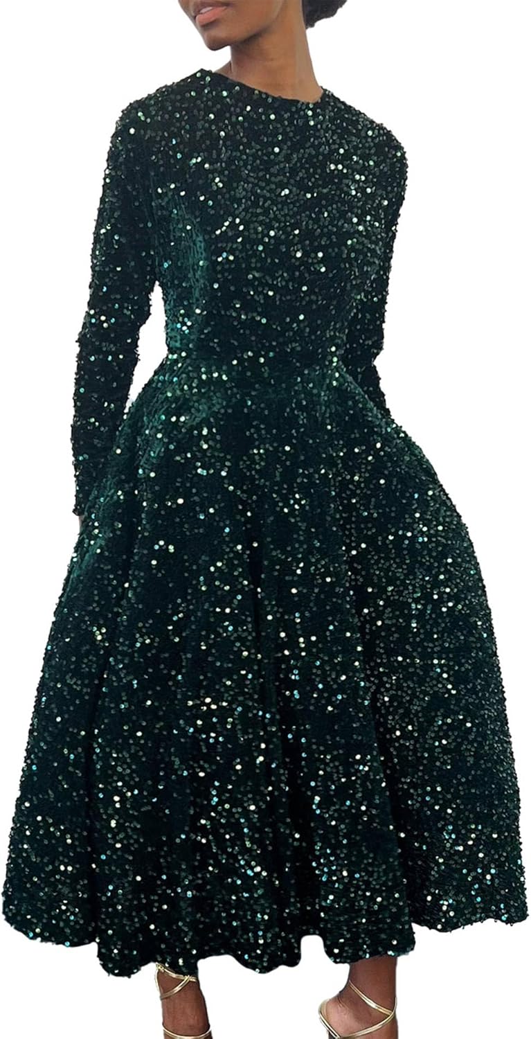 SOMTHRON Women's Sequin Dress Plus Size Long Sleeve A-Line Flared Party Cocktail Sparkle Glitter Evening Shiny Maxi Dress