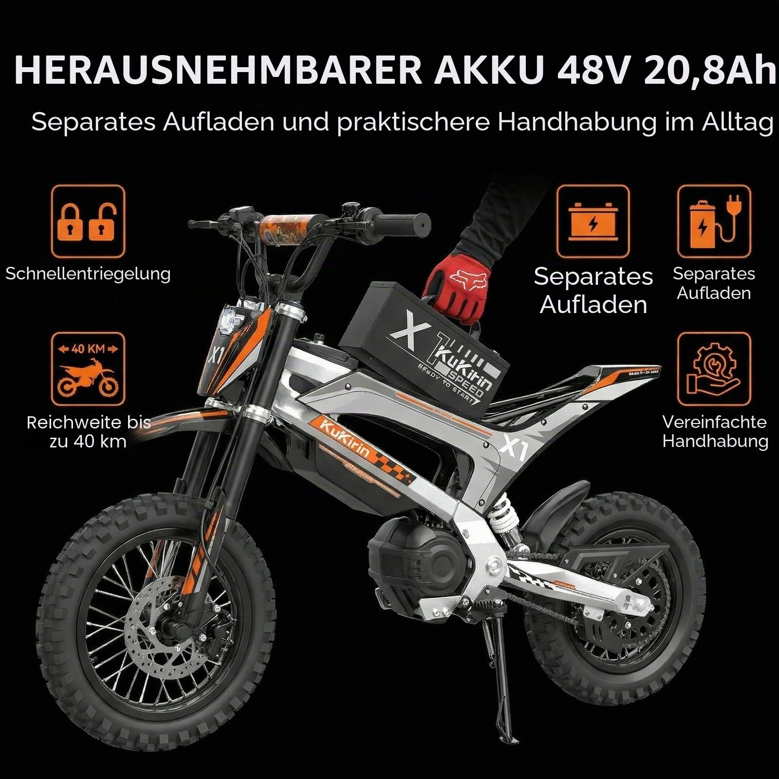Kukirin X1 Elektrisches Motocross-Motorrad, Off-Road, Abnehmbarer Akku 48 V 20,8 Ah, Mittelmotor 1000 W, Hydraulische Bremsen, Hydraulische Federung, IP65, 14/12 Zoll Räder, für Privatgelände