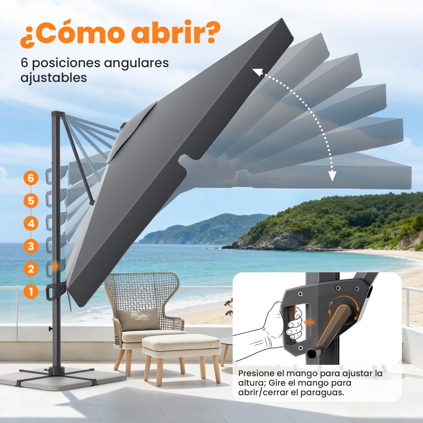 YEAUPE PRO Sombrilla Terraza Exterior 3x3m Giratorio 360°, Parasol Jardín con Altura Ajustable, Sombrilla Grande Cuadrado para Patio, Jardín y Piscina con Protección UV 50+, 300 x 250 cm