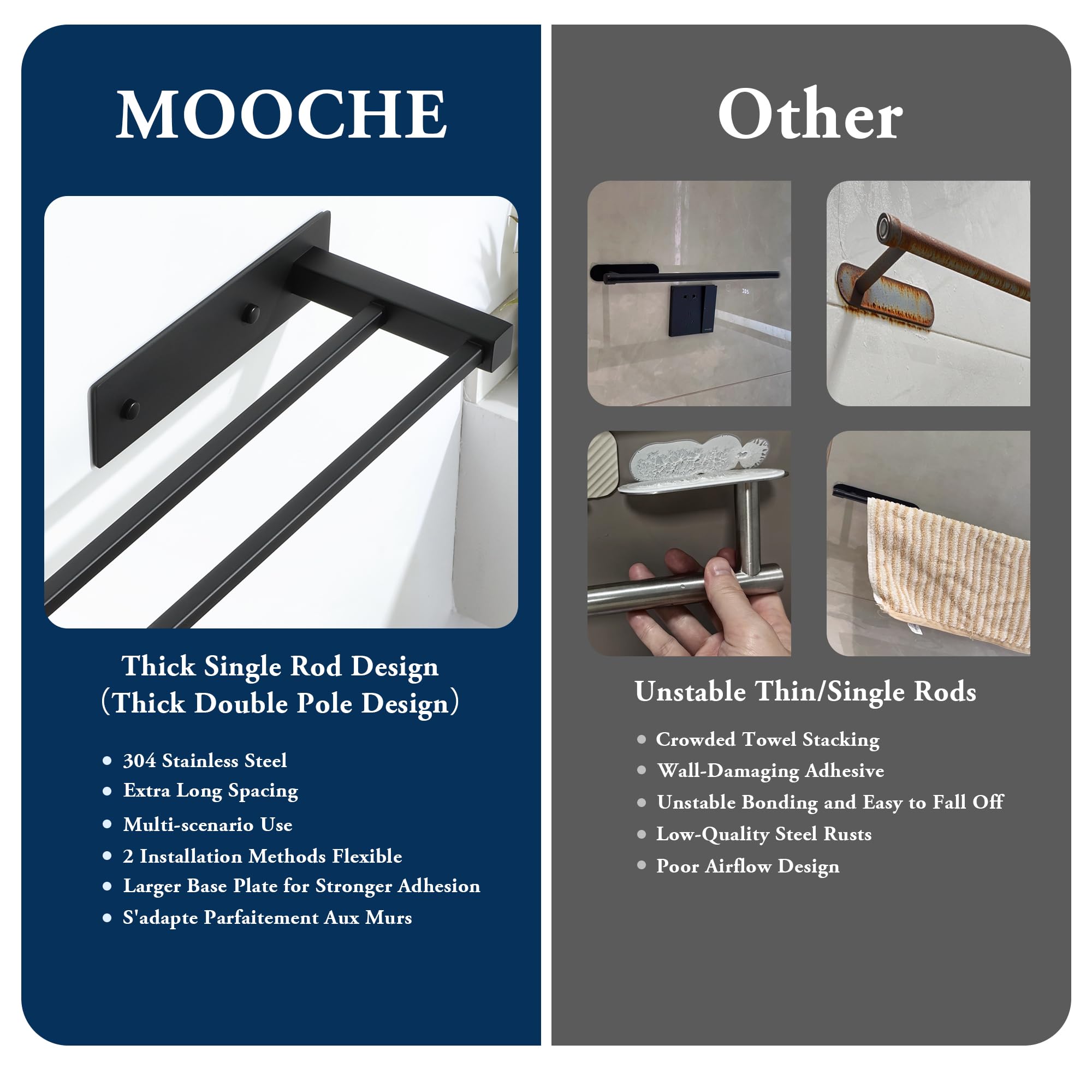 Mooche Porte Serviette sans Perçage Salle de Bain 30 CM, 2 Barre Porte Serviette Pratique, Support Serviette Mural en Acier Inoxydable pour Cuisine/Lavabo/Toilette, Perçage/Adhésif, Noir