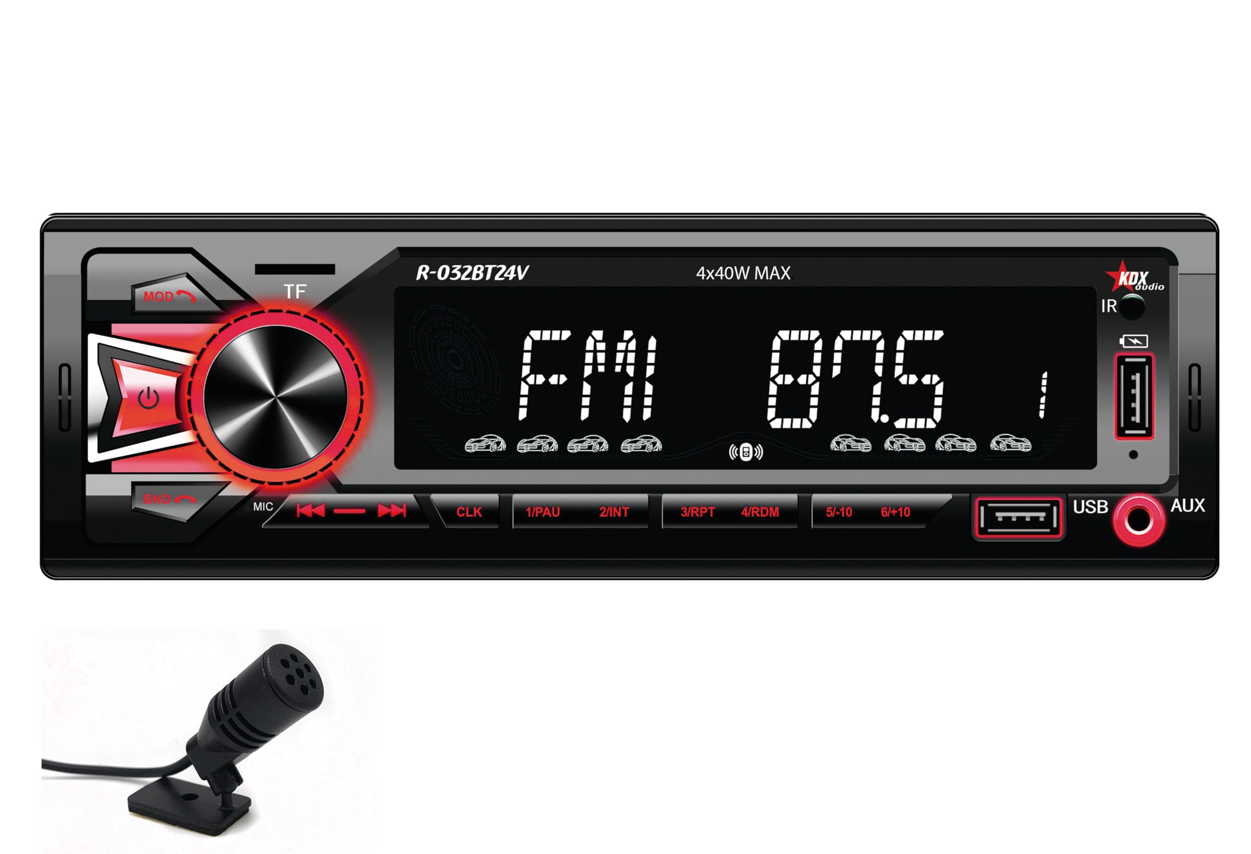 Autoradio para Coche KDX-Audio R-032BT24V. Reproductor MP3/WMA con Bluetooth Manos Libres y Stream de Audio. Iluminación botonera Variable. USB en Panel Frontal con función de Carga y Voltaje 24V