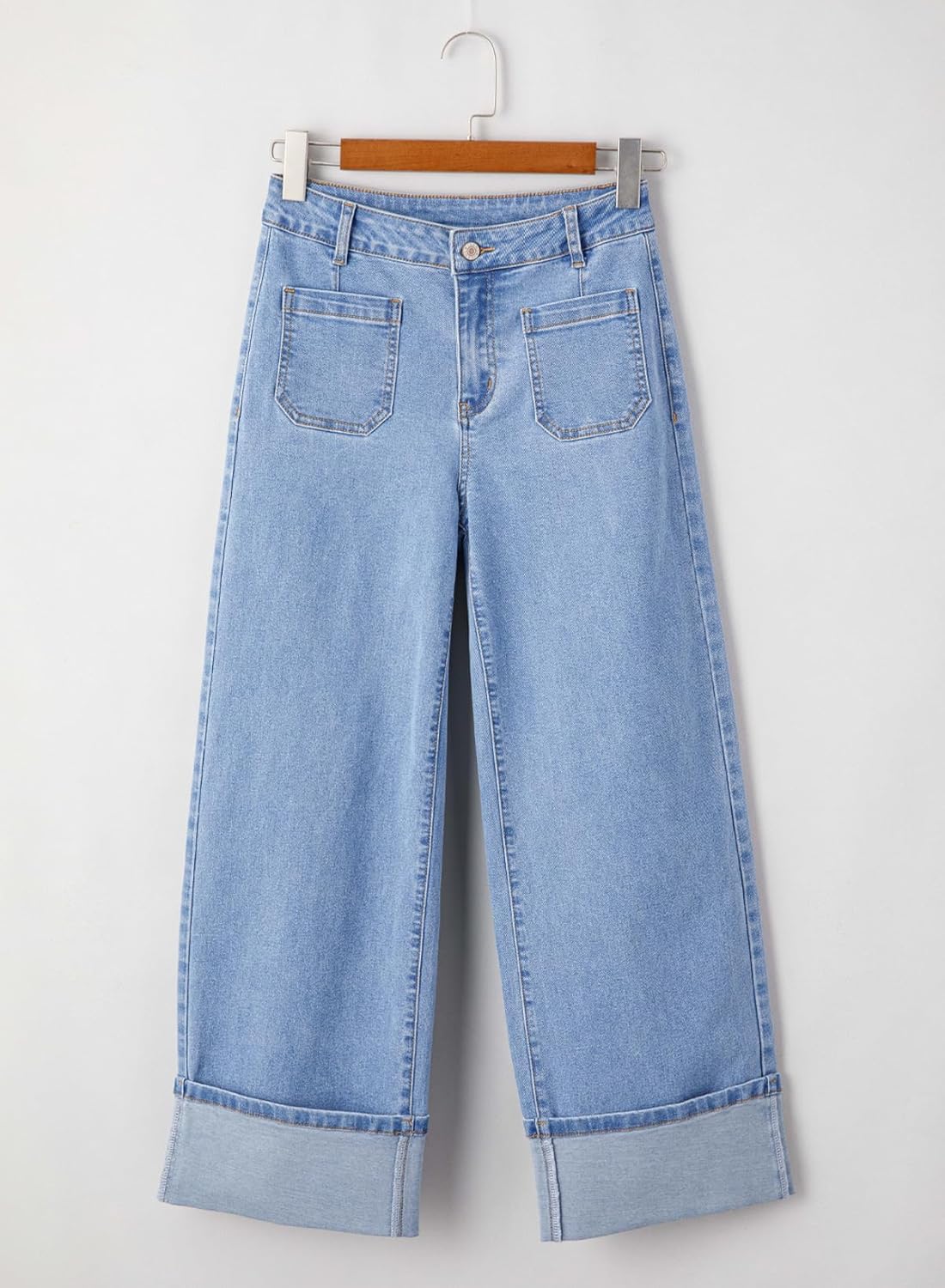 EVALESS Womens Jeans High Waisted Stretchy Cuffed Wide Leg Denim Pants with Pockets