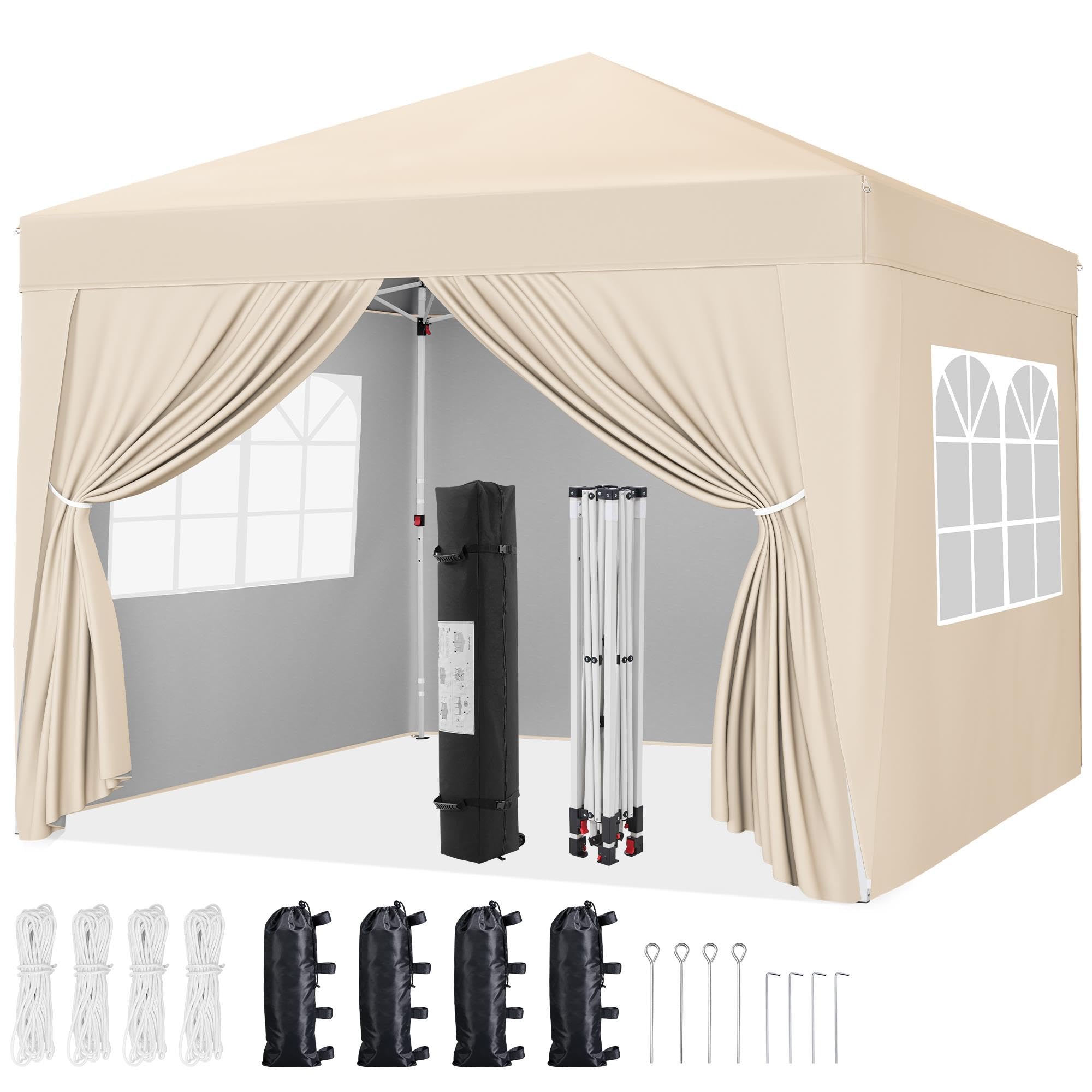 Yaheetech Pop-Up Gazebo 2x2 with 4 Removable Side Panels, Silver-costed Oxford Marquee Canopy with Wheeled Bag & Sandbags, Metal Frame Shelter Tent for Outdoor Garden Party Camping, Beige