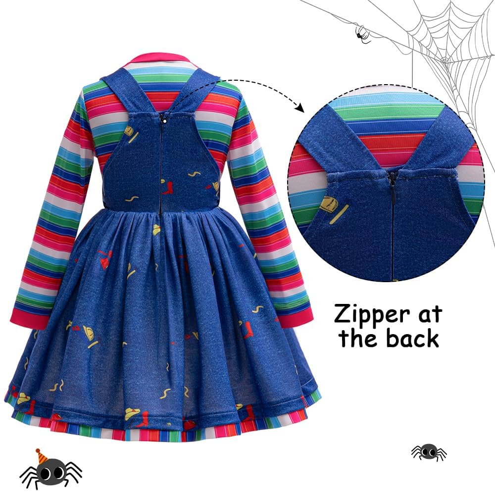 Dziewczyny Halloween Kostium Lalka Sukienka Niebieska Dżinsowa Koszula Tęczowe Paski Dzieci Horror Cosplay Zabójca Play Movie Outfit
