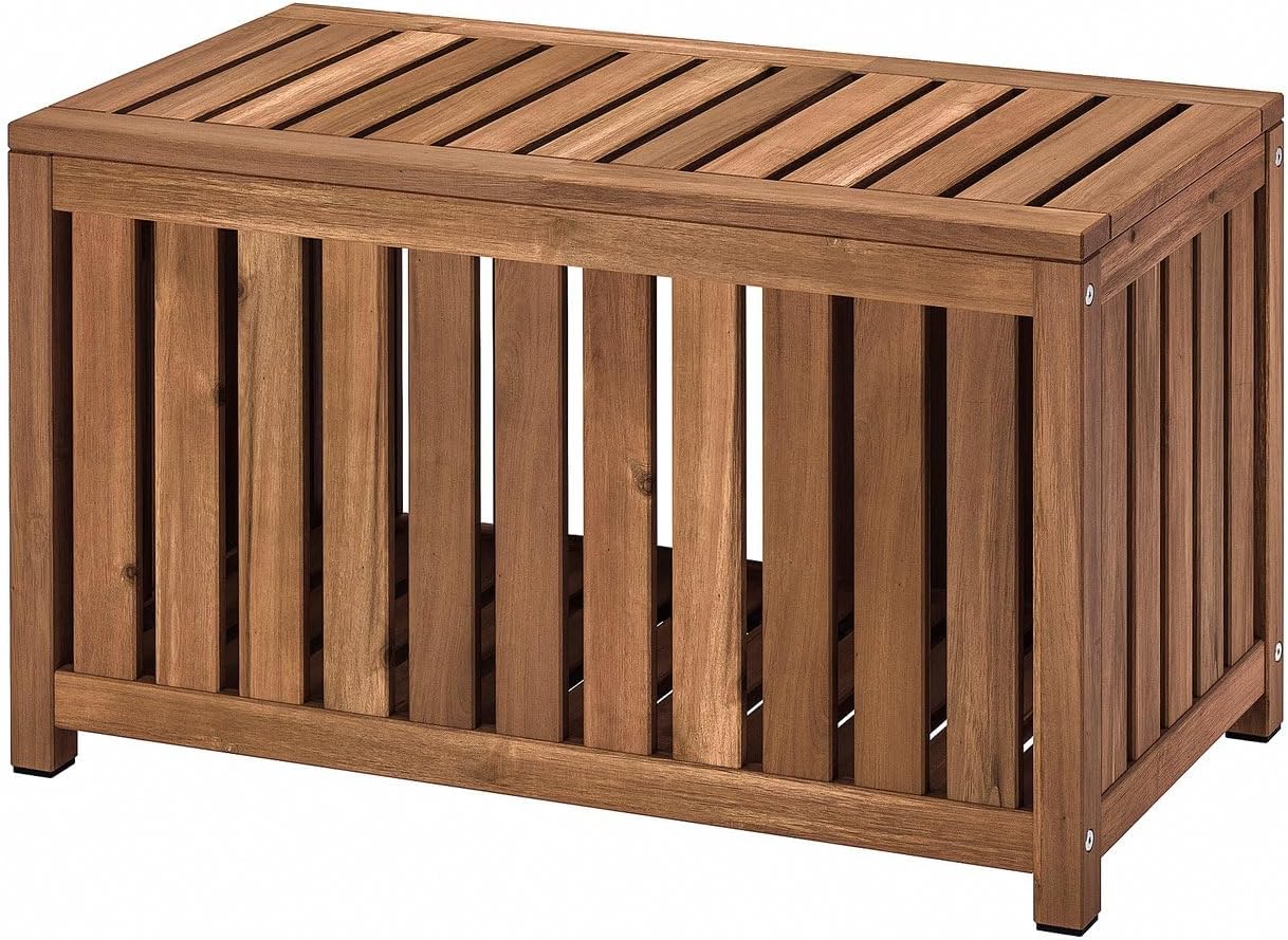 Storage Box with Seat, Solid Acacia Wood Indoor/Outdoor Bench Chest with Loose Lid, Light Brown Stain Finish, Balcony or Patio Organizer, 31.5 x 15.75 x 17.75 Inches, 243 lb Capacity