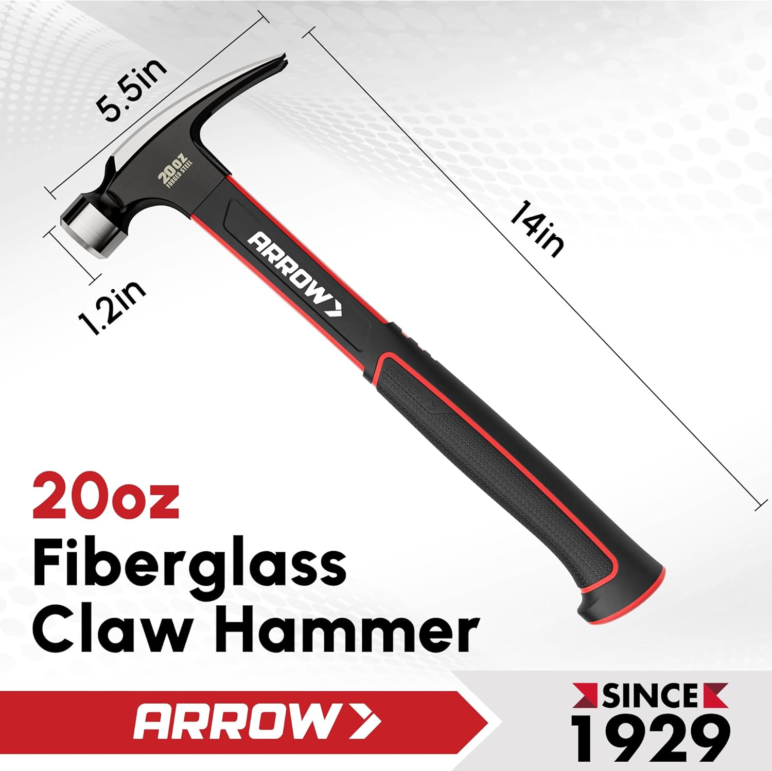 ARROW 20oz Straight Claw Hammer with Magnetic Nail Holder, Smooth Face and Forged Steel Head, Shock-Absorbing Fiberglass Handle, for Carpentry and General Purpose
