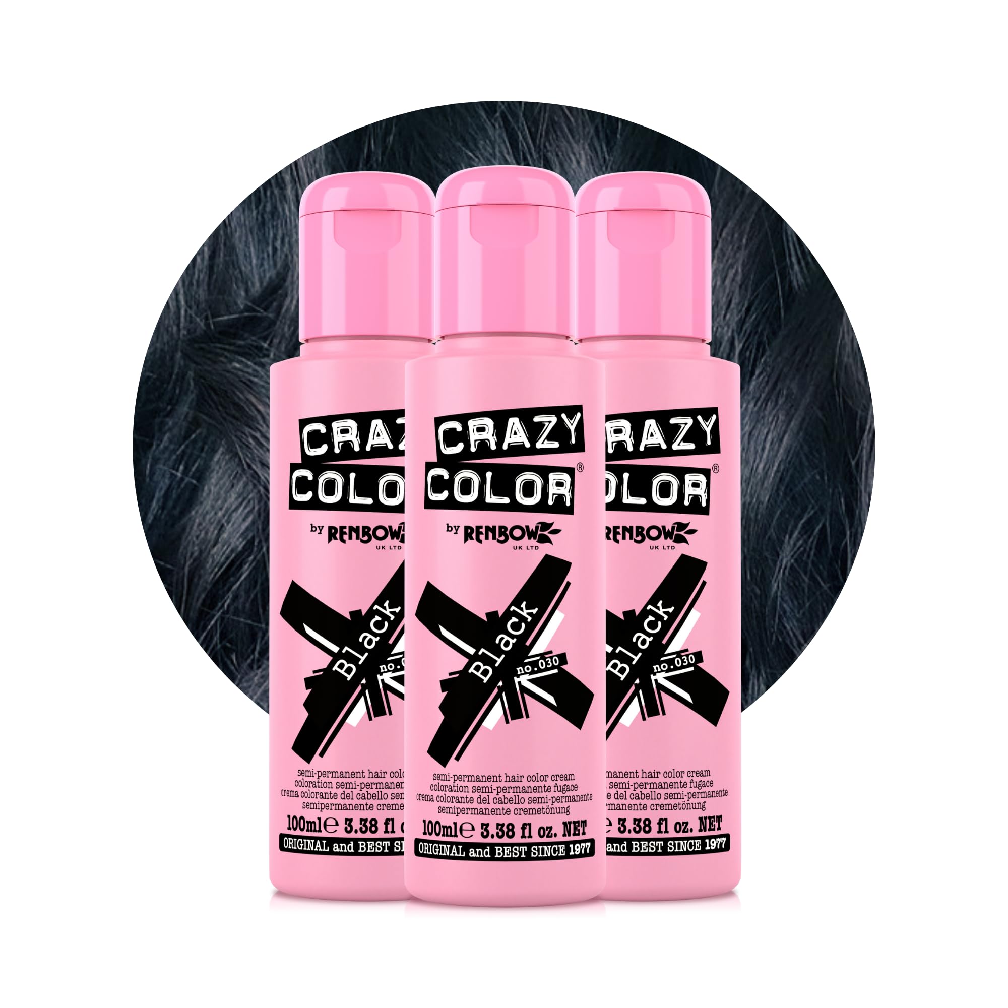 Crazy Color Black Semi-Permanent Trio Hair Dye. Highly Pigmented Blue Black Conditioning & Oil Nourishing Vegan Formula | No Bleach or Ammonia | 300ml