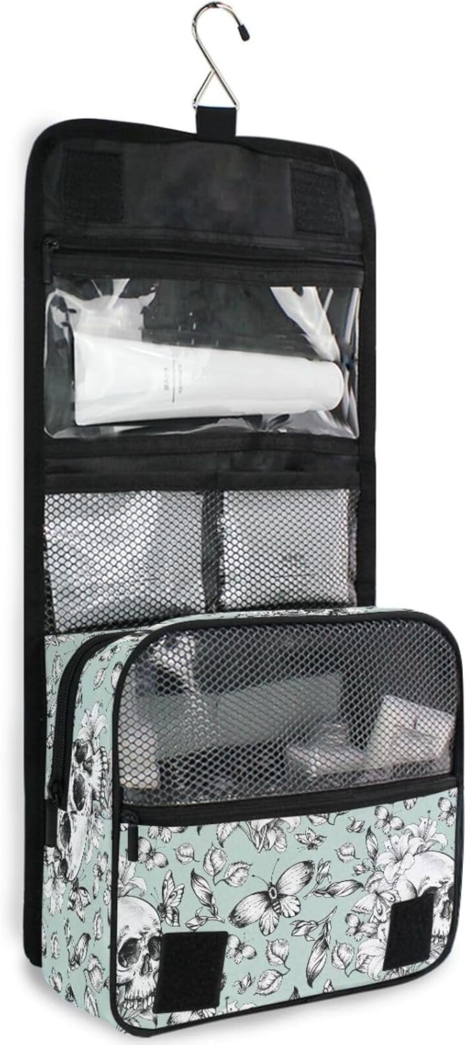 MNSRUU Hanging Toiletry Bag Vintage Goth Skull Makeup Travel bag for Toiletries Portable Toiletry Organizer Bags Clear Toiletry Cosmetic Kit