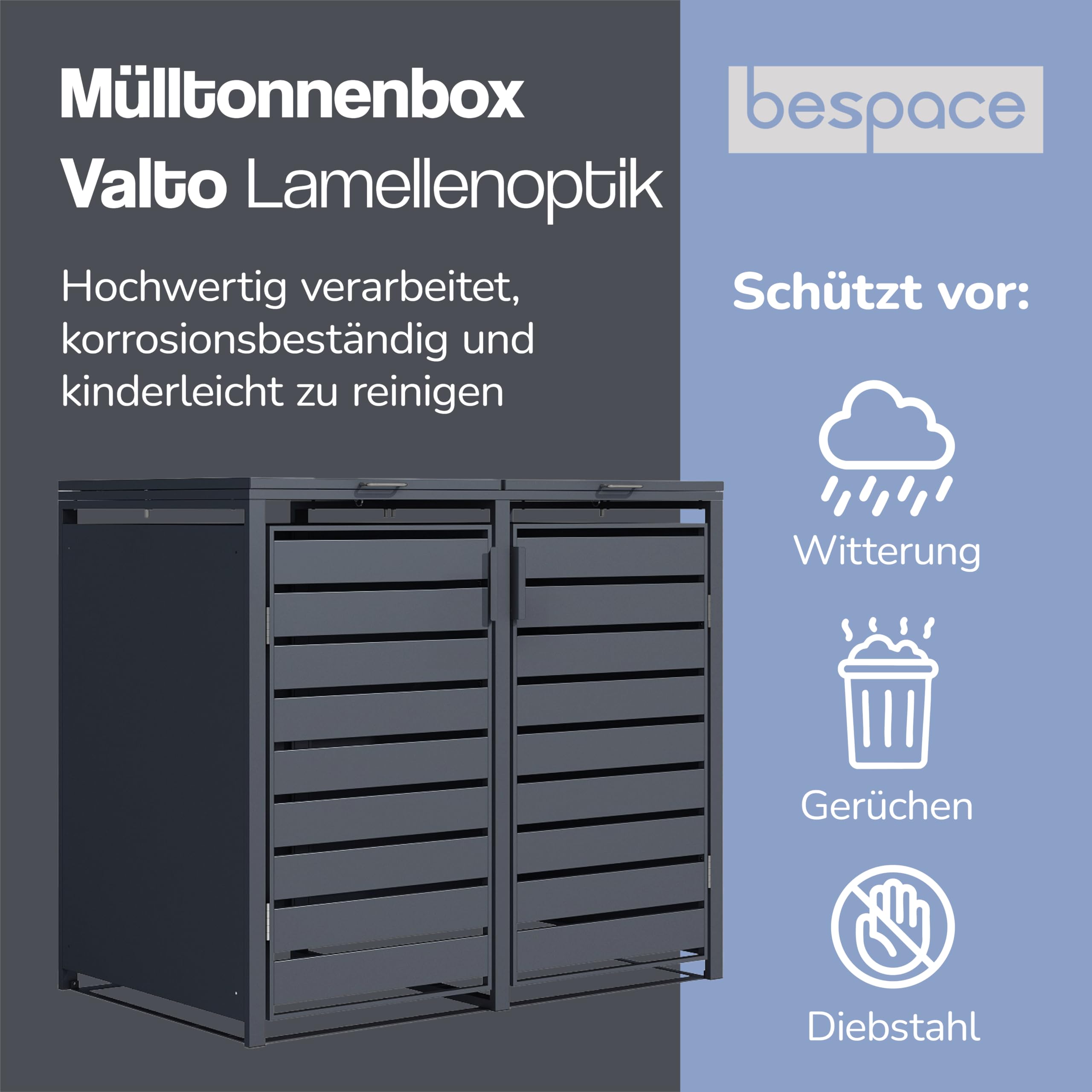 Mülltonnenbox 3er Valto mit Lamellendesign/Klappdach mit Gasdruckdämpfer