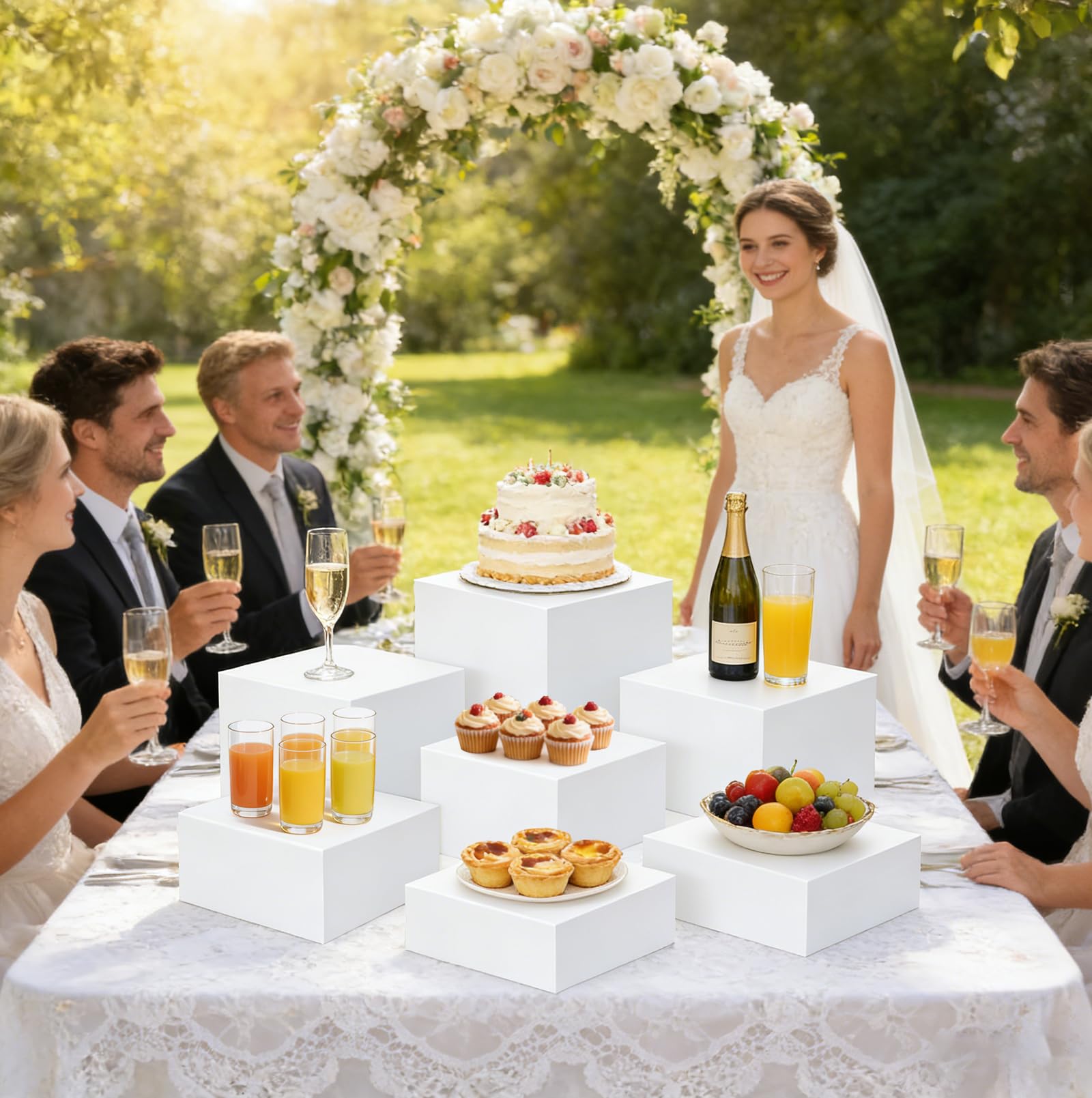 6 zoccoli in acrilico per alimenti, supporto bianco per dessert per buffet, torre per cupcake, alzata per torte, spettacoli di gioielli, eventi di catering (20,3 cm + 19,1 cm + 17,8 cm + 17,3