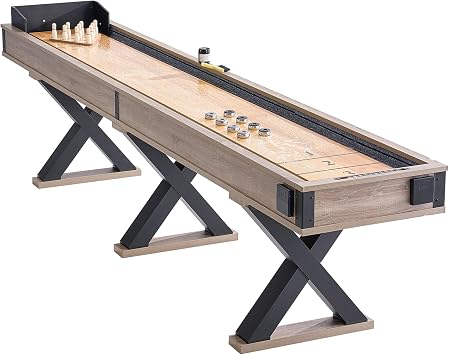 Happybuy Shuffleboard Table, 11.5 ft Shuffleboard for Family Game Rooms, 2 in 1 Shuffleboard and Bowling Combo Game Set, with Scratch-Resistant Playfield, Legs, 8 Pucks, Bowling Set, Wax