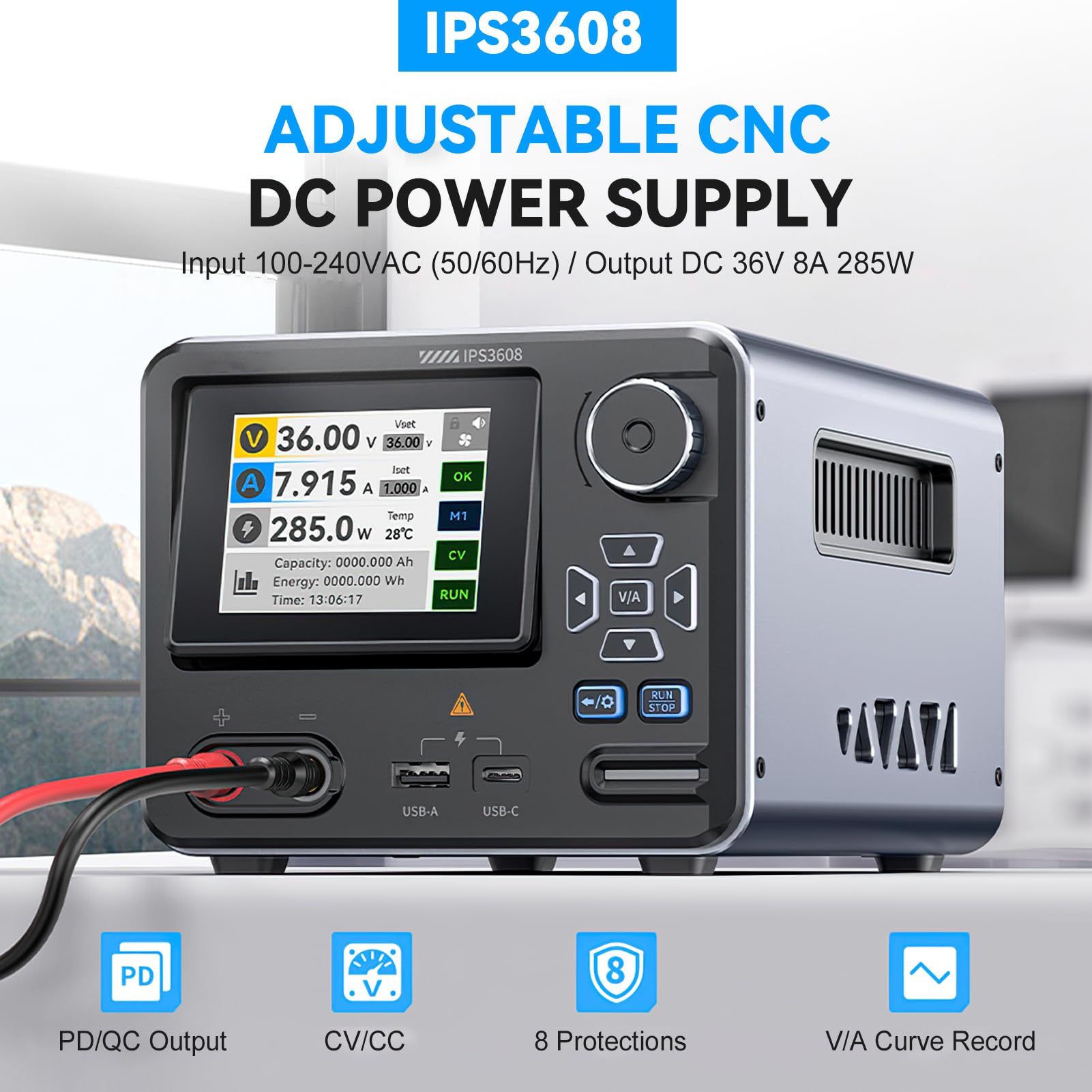 Labornetzteil 36V 8A DC Einstellbare Gleichstromversorgung Schaltnetzteil 10mV Welligkeit Tischnetzteil USB A und Typ C Anschlüsse 4 stelliges IPS Labornetzgerät LED-Display IPS360