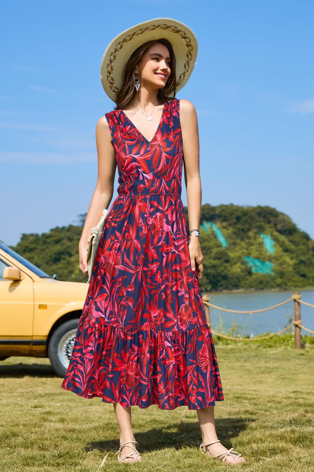 Newshows Sommerkleid Damen V Ausschnitt Ärmelloser A Linie Sommer Kleid Lang Strandkleid mit Taschen
