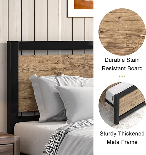 Miniatura 5 de Base de cama Queen con cabecera de madera marco de cama tamaño Queen con base de listones de acero resistente marco de cama Queen de metal no